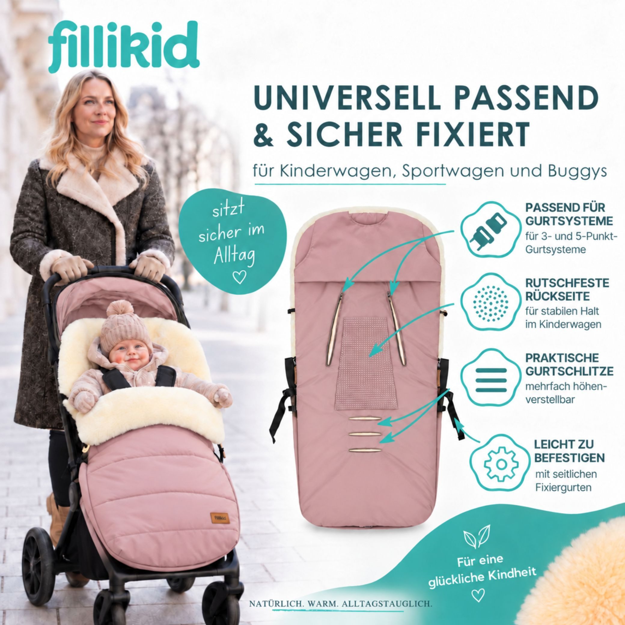Fillikid Fußsack Winterfußsack Bernina Lammfell Exklusiv, Warmer Winterfußsack mit echtem Merino-Lammfell wasserabweisend und – Bild 5 von 5
