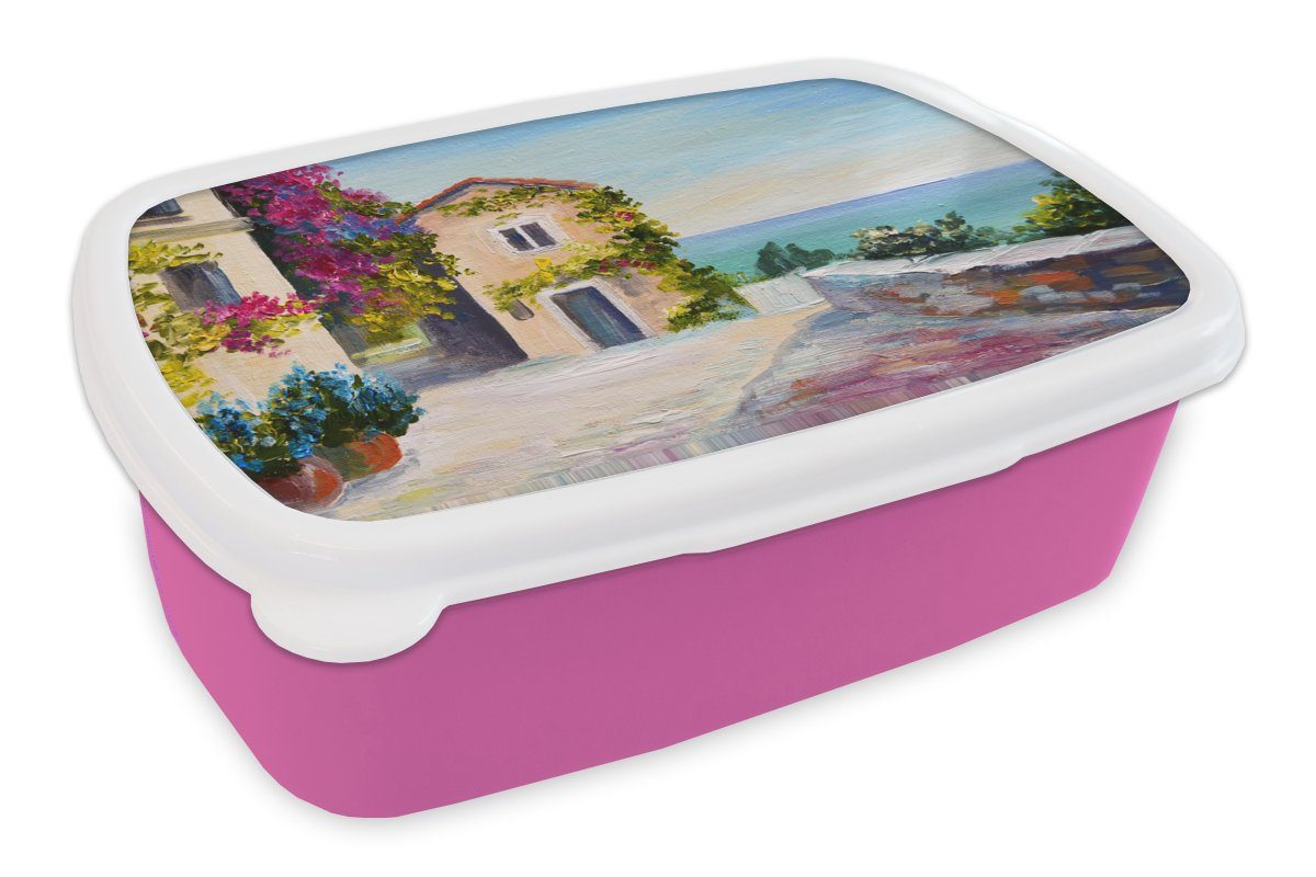 MuchoWow Lunchbox Malerei - Haus - Ölfarbe - Dorf, Kunststoff, (2-tlg), Brotbox für Erwachsene, Brotdose Kinder, Snackbox, Mädchen, Kunststoff rosa