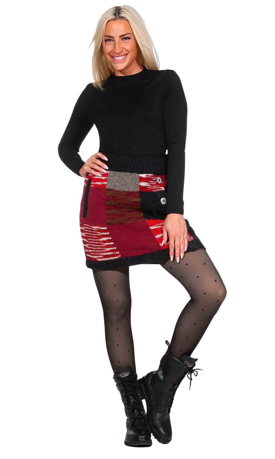 KUNST UND MAGIE Strickrock Bunter Patchwork Strickrock kurz + klassisches Muster Wolle gefüttert