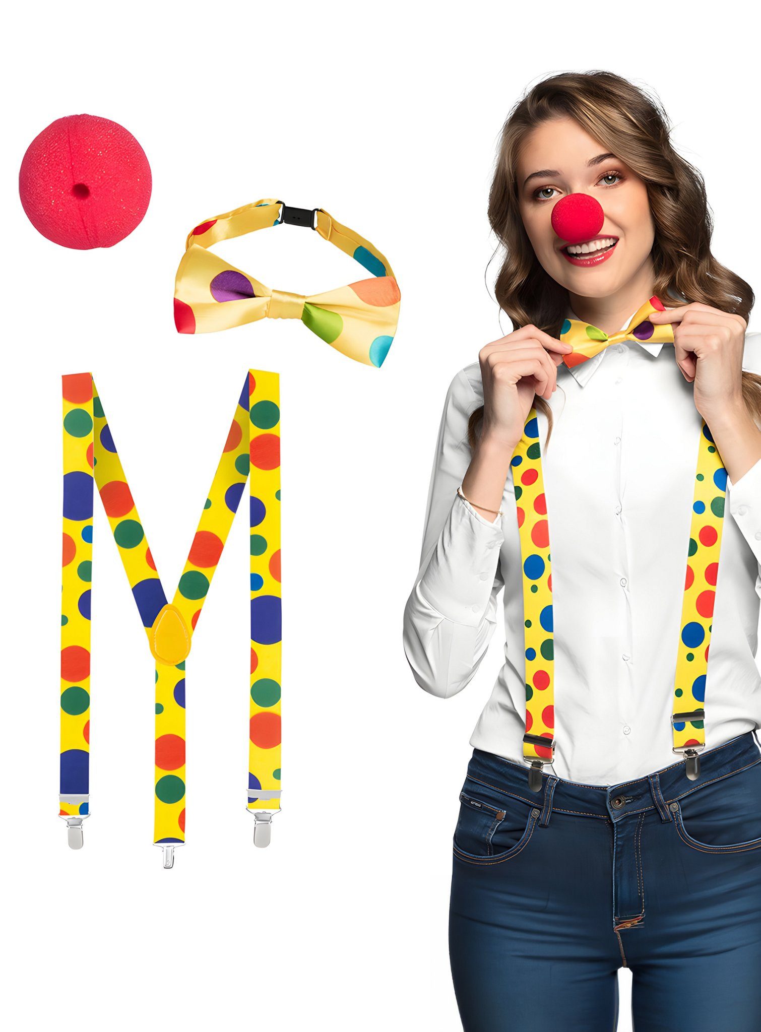 Boland Fliege Clown Zubehör-Set Die Basics für Spaßmacher: Hosenträger, Fliege und rote Clownsnase