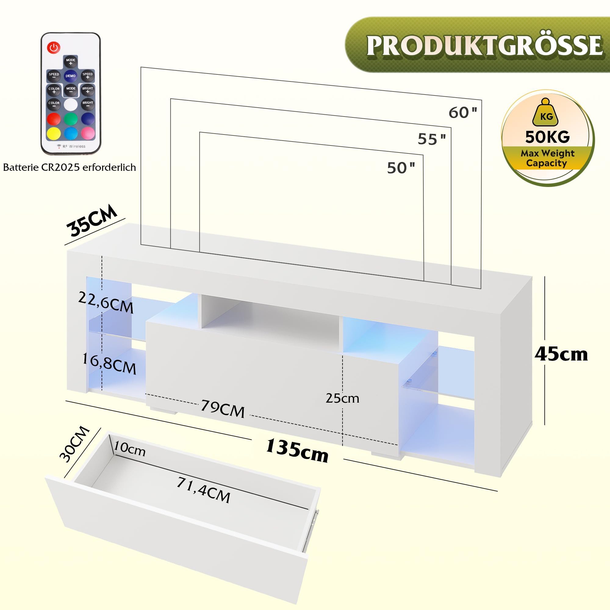 WLIVE TV-Schrank 135/160 cm Lowboard mit RGB-LED für Fernseher bis 60/65/70 Zoll, (20 Farben RGB Fernsehschrank für Wohnzimmer, Schlafzimmer) Modernes TV Board, Weiß