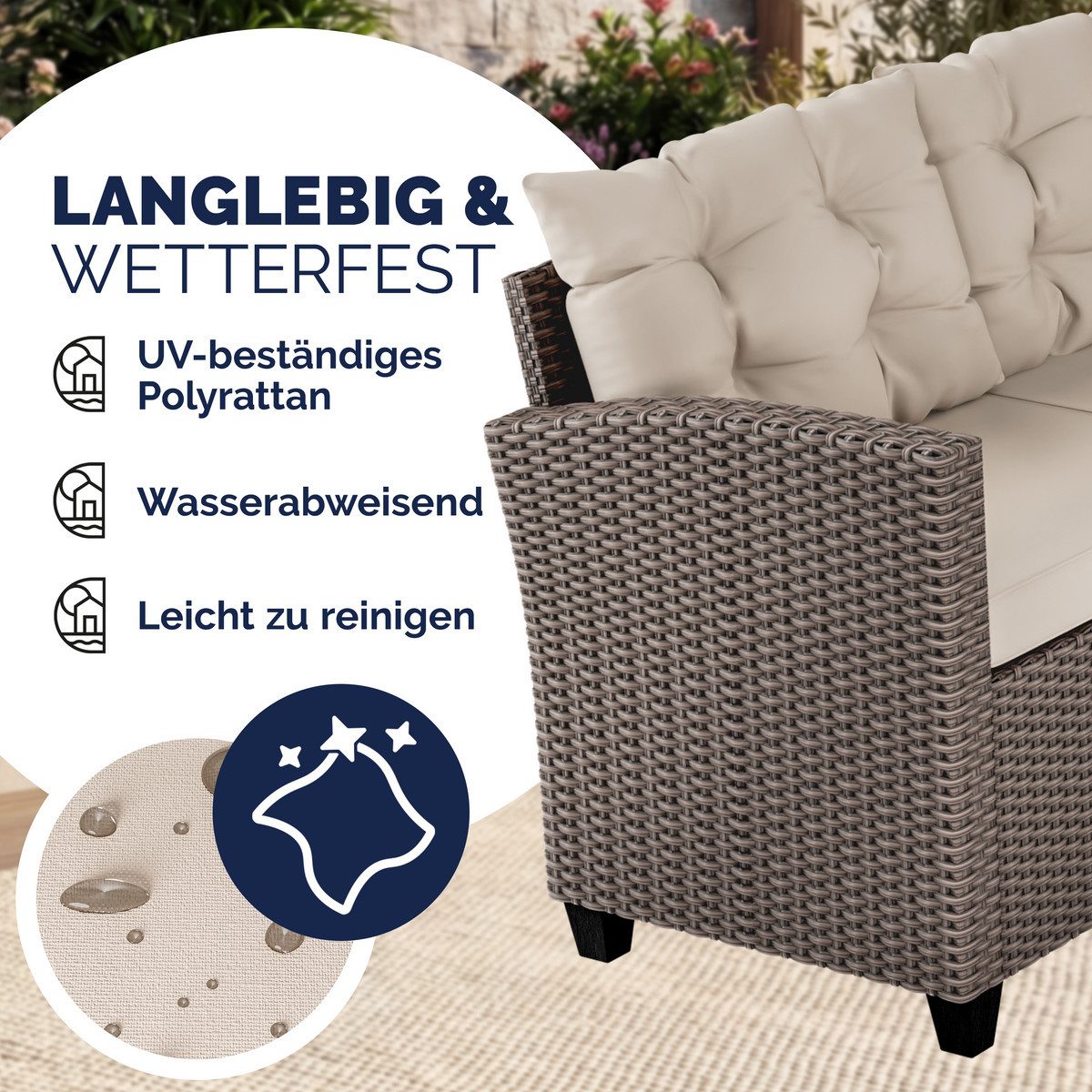 Casaria Gartenlounge-Set Lissabon, Polyrattan WPC Esstisch Eckbank 15cm Kissen 7cm Auflagen Wetterfest