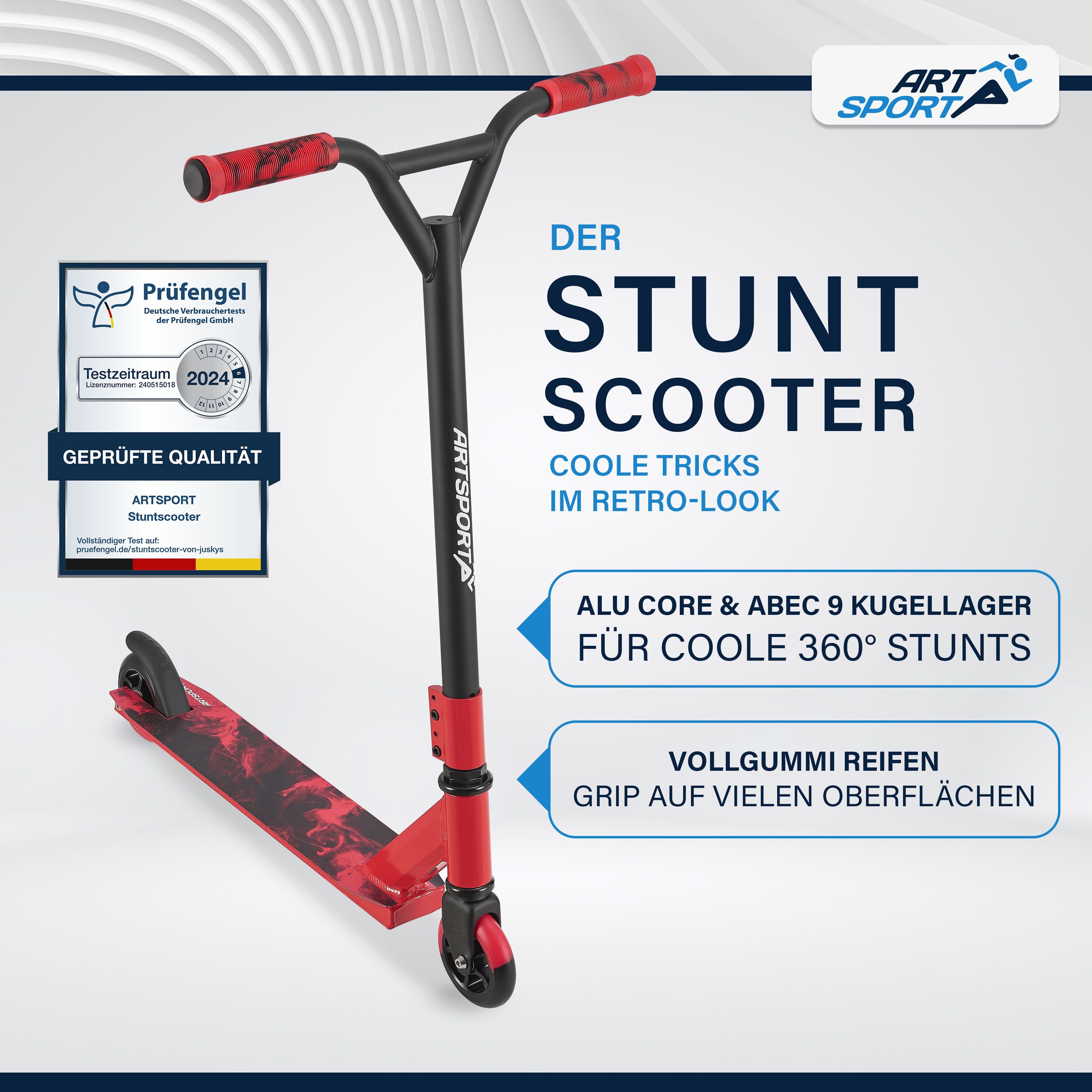 ArtSport Stuntscooter Red Smoke, Alu Core, 360°-Lenker mit TPR-Grips, stabil und leicht