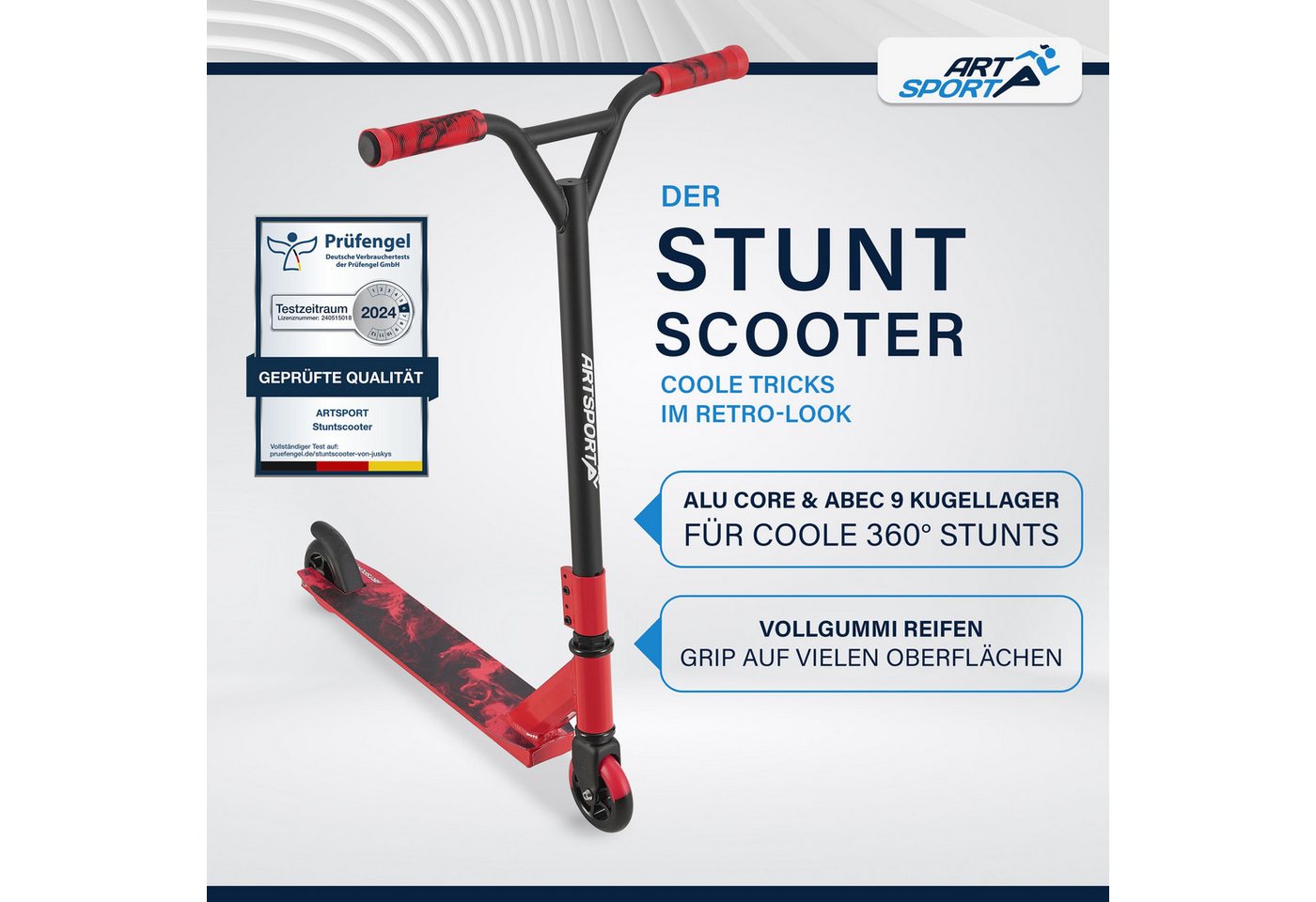 Thumbnail - ArtSport Stuntscooter Red Smoke, Alu Core, 360°-Lenker mit TPR-Grips, stabil und leicht