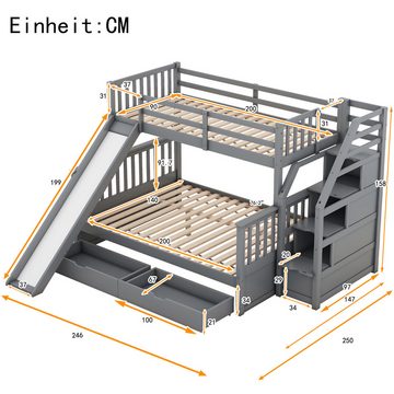 SOFTWEARY Etagenbett mit 2 Liegeflächen, Schubladen, Lattenrost und Rutsche (90x200 cm/140x200 cm), Holzbett