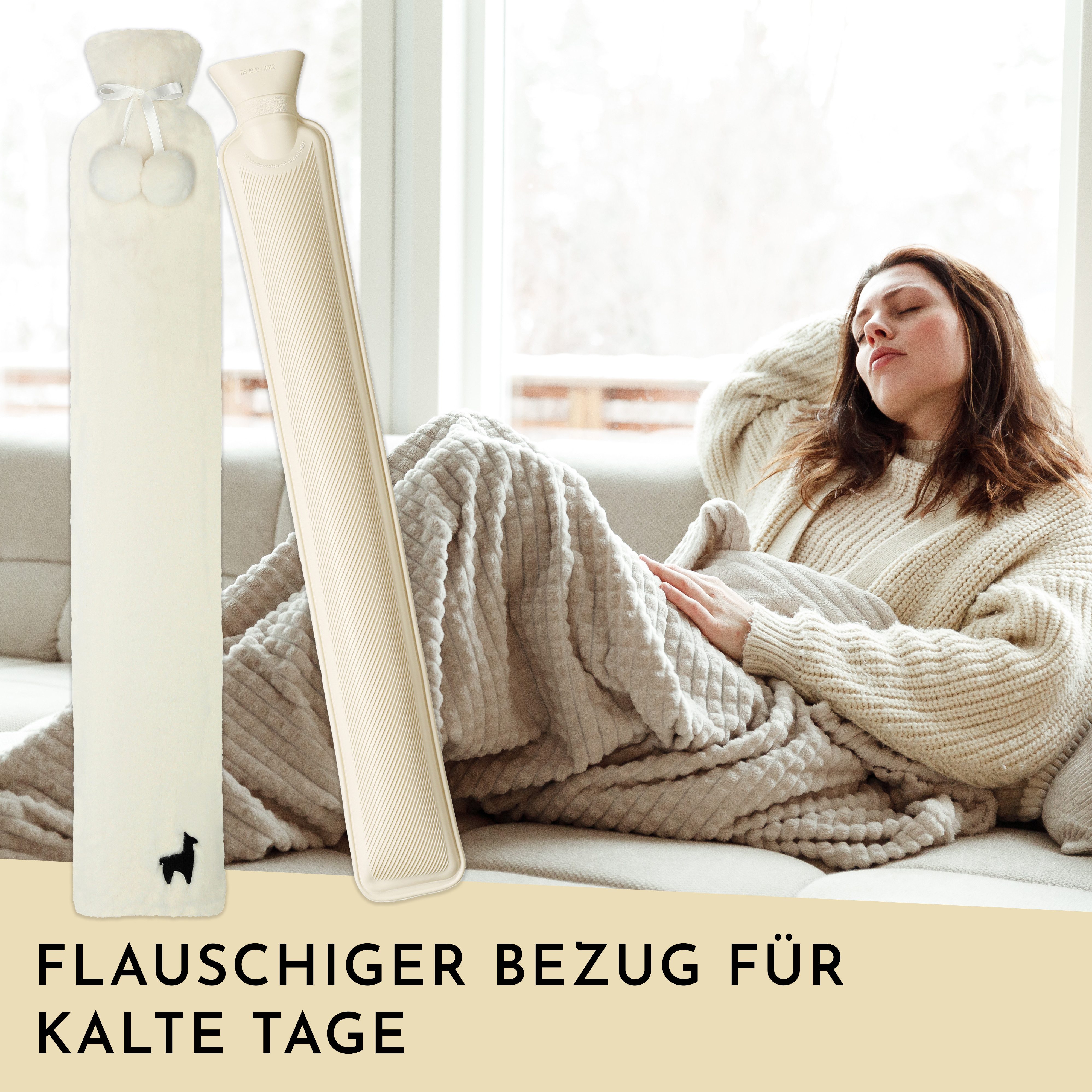 Nordstern Wärmflasche Schlauch Lang mit Bezug 75 cm, Flauschige Nackenwärmflasche für die Schultern