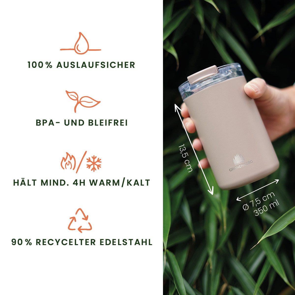 GRØNENBERG Thermobecher Kaffeebecher to go 320ml, 100% Auslaufsicher, Hält mind. 4 h warm, Rutschfest