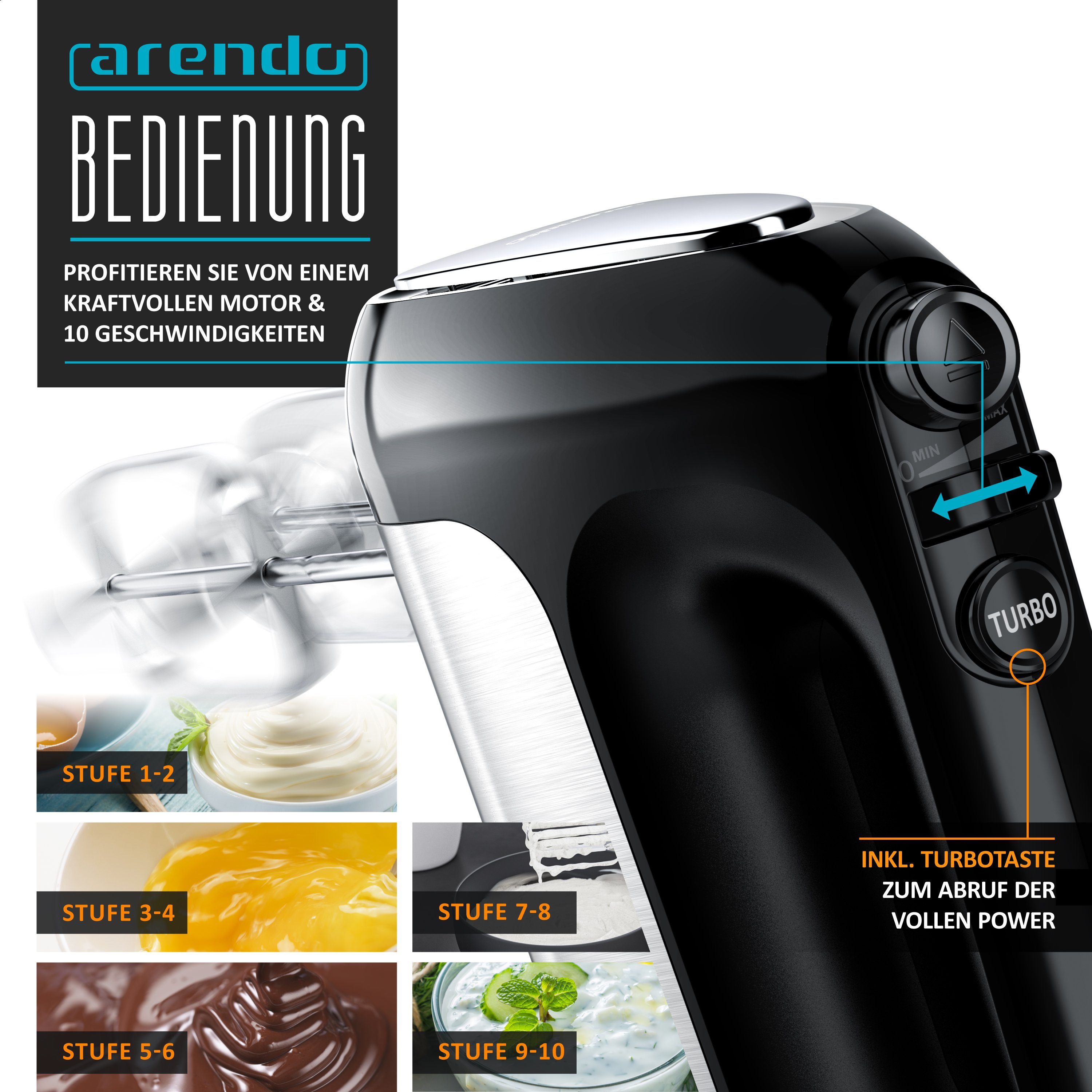 Arendo Handmixer Elektrischer Handrührer inkl. 2 Rührbesen & 2 Knethaken, Handrührgerät, 500 W, Edelstahl, Hakenentriegelung, Turbotaste, Thermosicherung