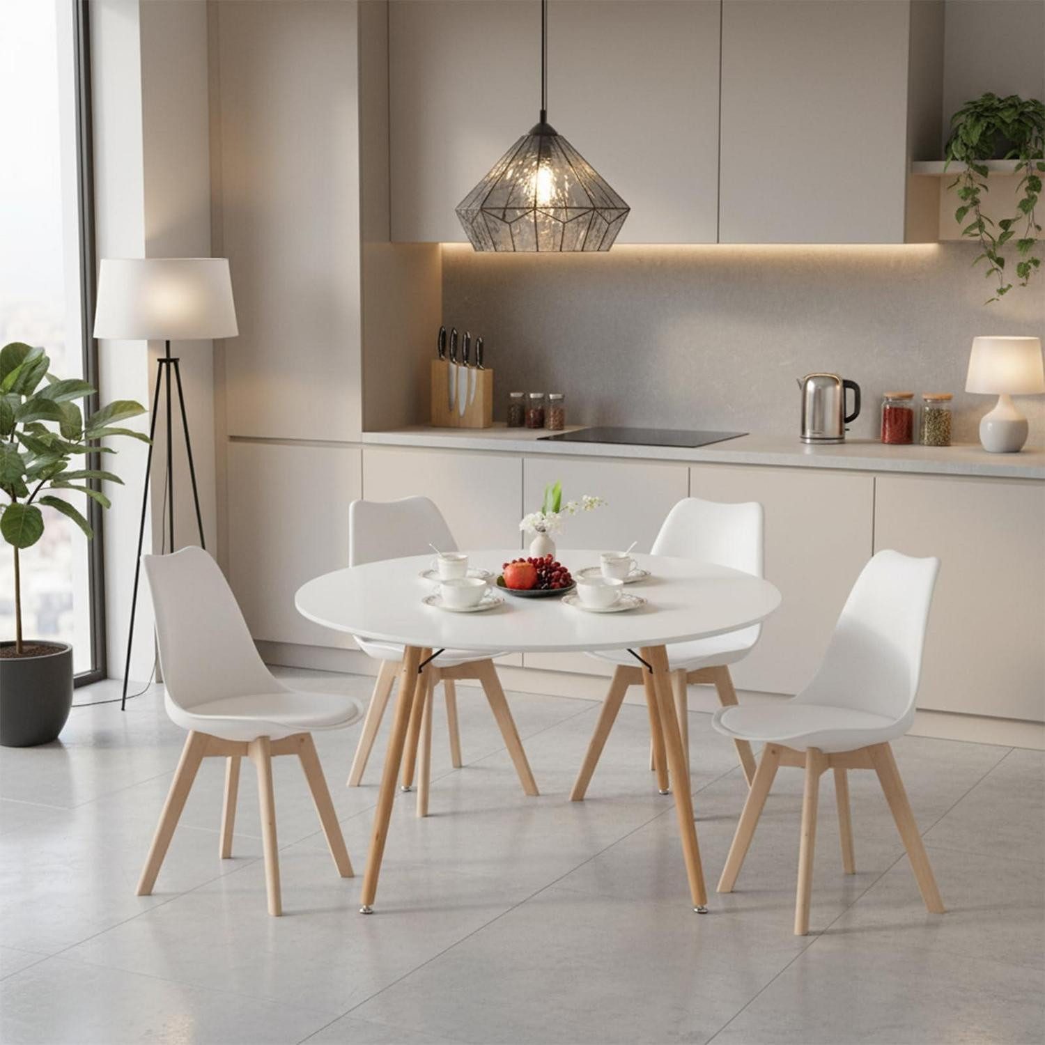 LuxusKollektion Essgruppe Esstisch Holztisch Essgruppe 120CM-Esstisch Weiß 4 Weiß Buche Stühle