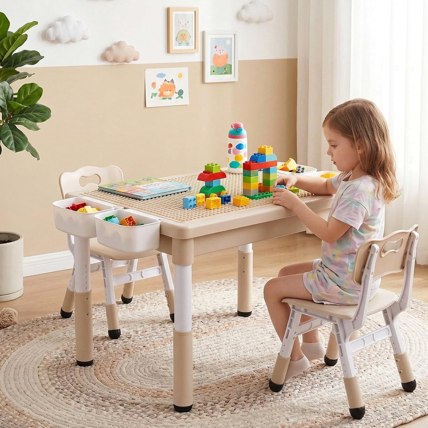 TLGREEN Kindertisch 3-teiliges Kindertisch Set mit 2 Stühlen (höhenverstellbarer Aktivitätstisch mit wendbarer Tischplatte, Bausteintisch kompatibel mit Klemmbausteinen & Whiteboard), viel Stauraum, Kindersitzgruppe Spieltisch für Kinderzimmer Kita