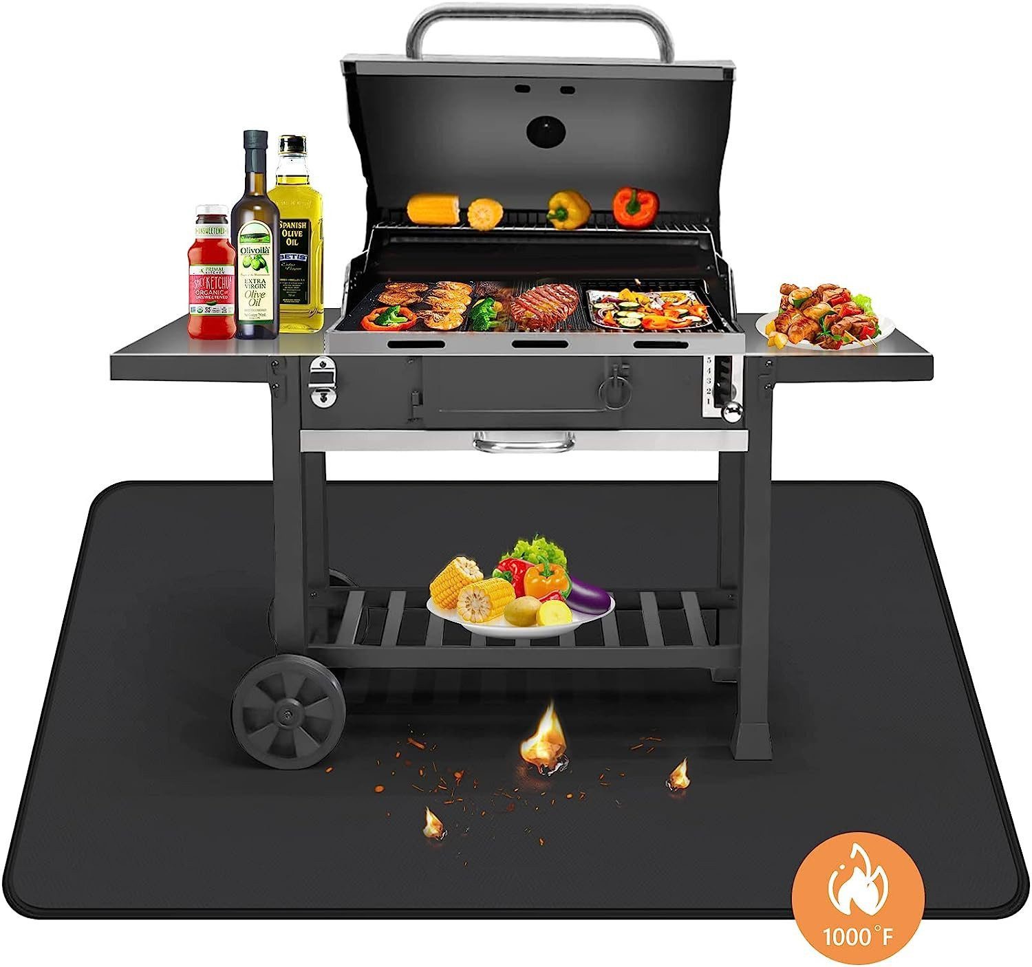 POPOLIC Bodenschutzmatte Feuerfeste Unterlage Bodenschutzmatte Kamin Herd Grill Teppich Schwarz, 127*97cm, Rutschfeste Schutzmatte Flammfeste Unterlage