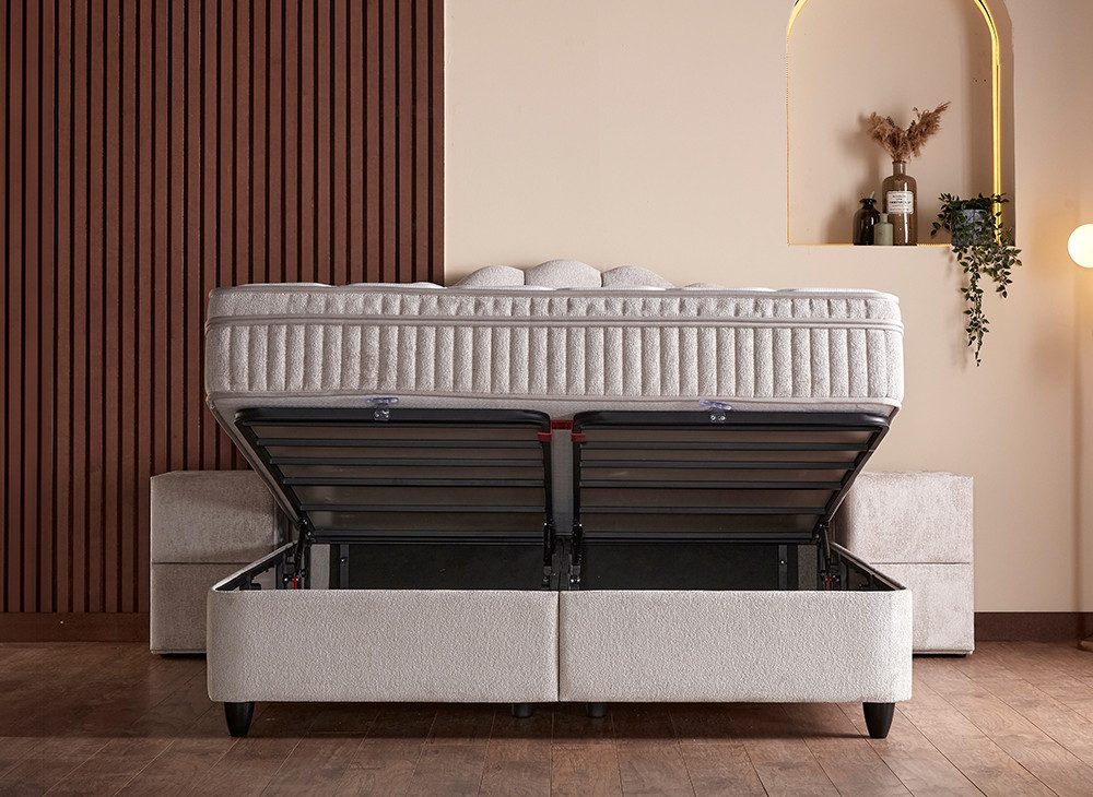 abc bedding Boxspringbett CALI - Luxus Stauraumbett, Boxbett mit Bettkasten - Doppelbett (Komfortbett 140x200 bis 180x200 cm, Voll-orthopädisches Schlafsystem - Hotelbett), Funktionsbett mit Bettkasten - Premium Schlafkomfort