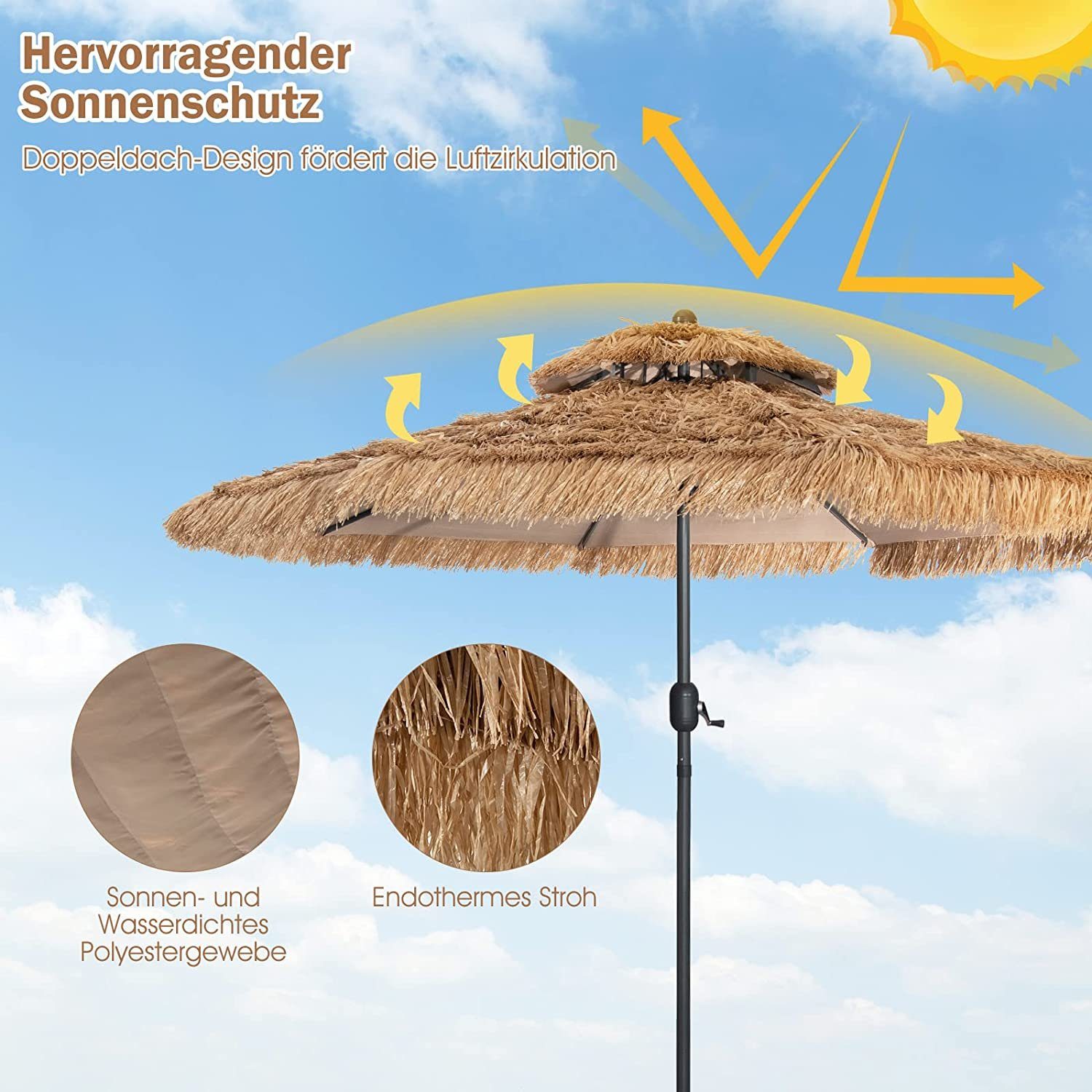 KOMFOTTEU Sonnenschirm 285cm Strohschirm, mit Doppeldach günstig online kaufen