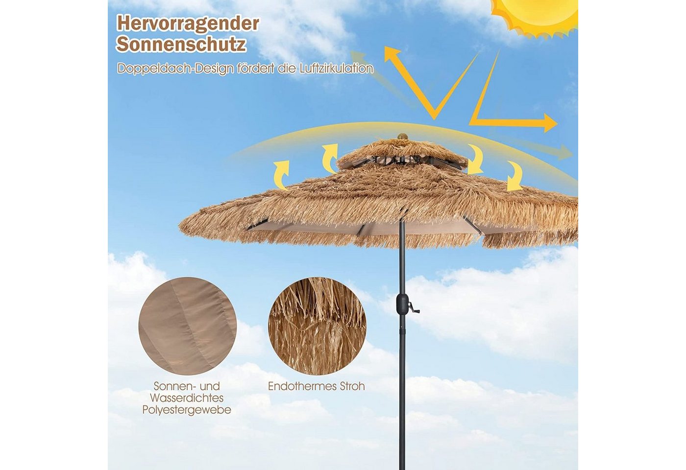 Thumbnail - KOMFOTTEU Sonnenschirm 270 cm Strohschirm, mit Doppeldach & Handkurbel für Draußen