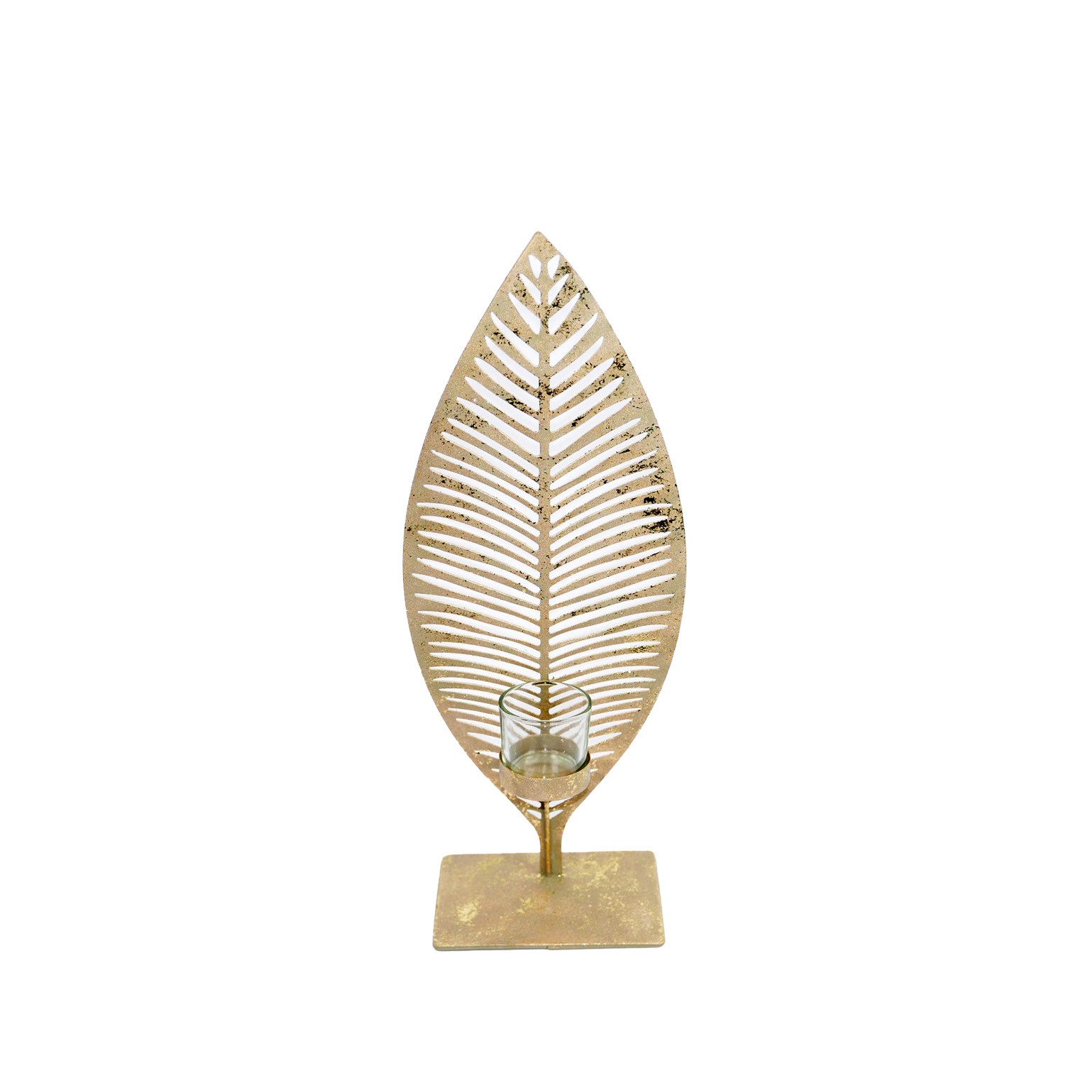 B&S Teelichthalter Teelichthalter Blatt Metall gold H 21.5 cm