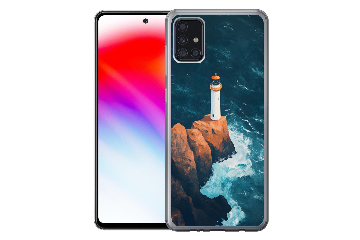 MuchoWow Handyhülle für Samsung Galaxy A52 5G Leuchtturm - Felsen - Meer - Wellen, Smartphone-Bumper, Print, Handy Schutzhülle Dünn