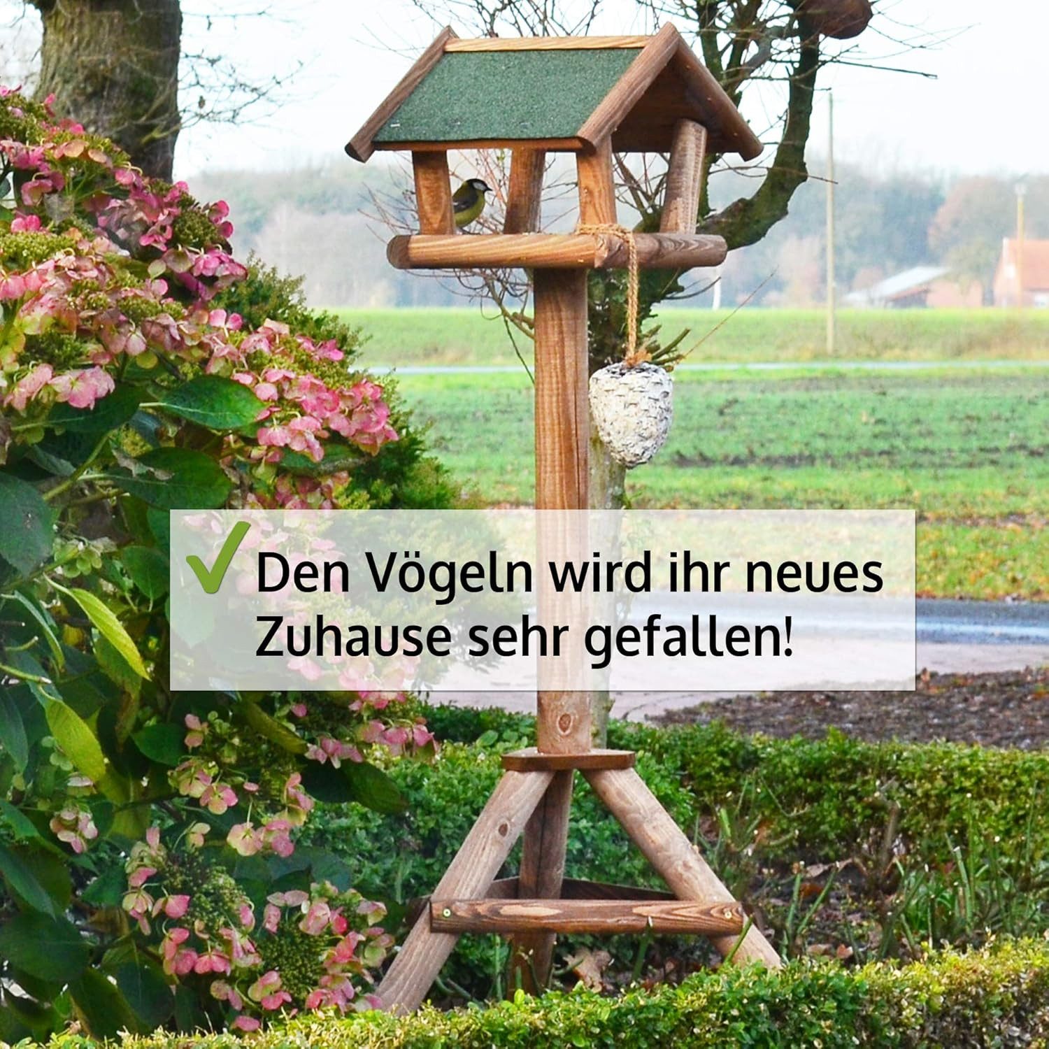 Zooprinz Vogelhaus XXL mit Ständer Wetterfest, Massiver Holzständer, Futterrsilo für Vögel