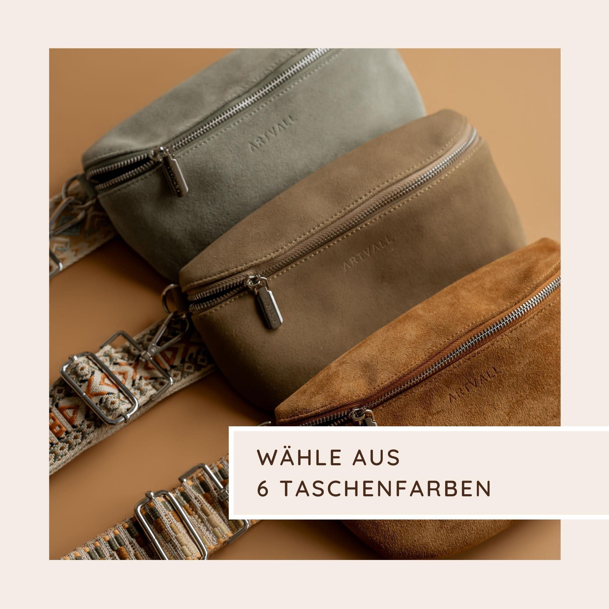 ARTVALL Umhängetasche Wildleder Handtasche Damen Brusttasche Naturgrün (Tasche inkl. Taschenband), Wildleder Bauchtasche mit Reißverschluss breites Schulterband Klein