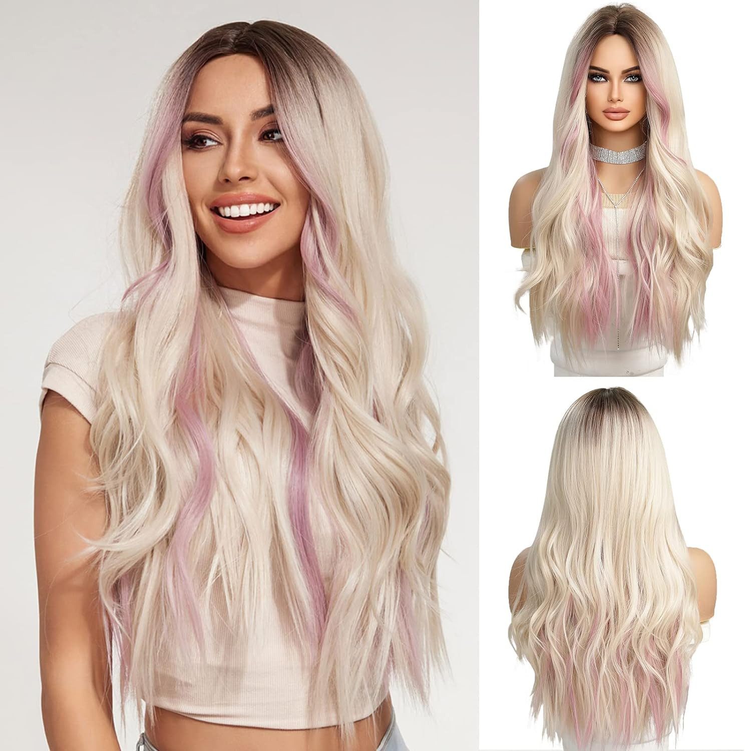 Kunsthaarperücke Rosa Highlight Ombre Blonde Perücken für Frauen Lange lockige Perücke