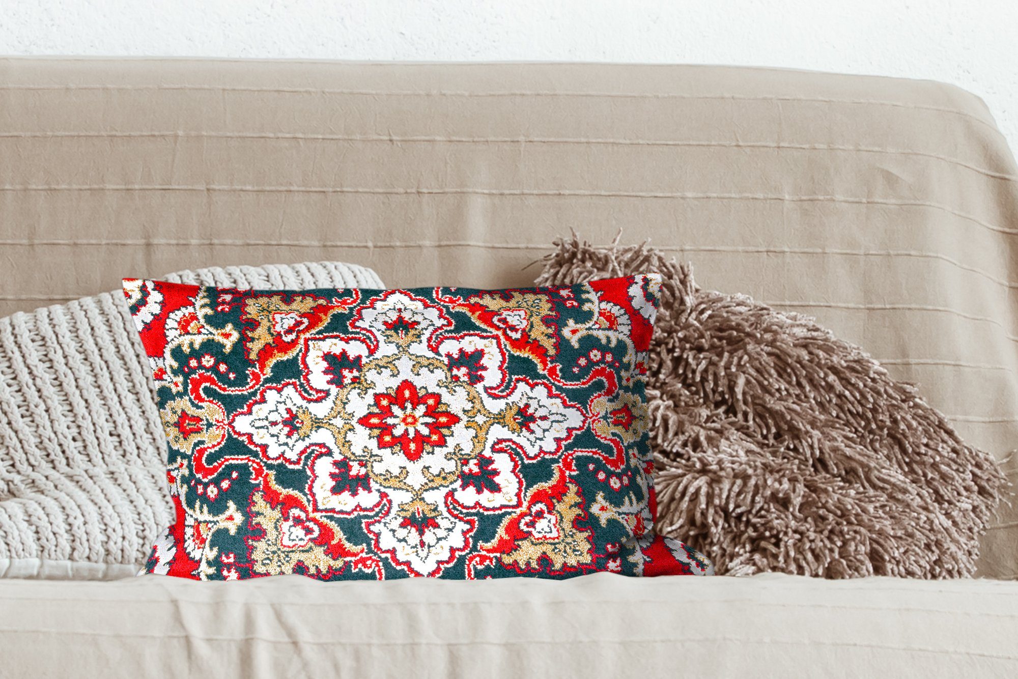 MuchoWow Dekokissen Persischer Zierkissen, Mandala Schlafzimmer mit Teppich, Füllung, Wohzimmer Teppich Dekokissen - Dekoration, 