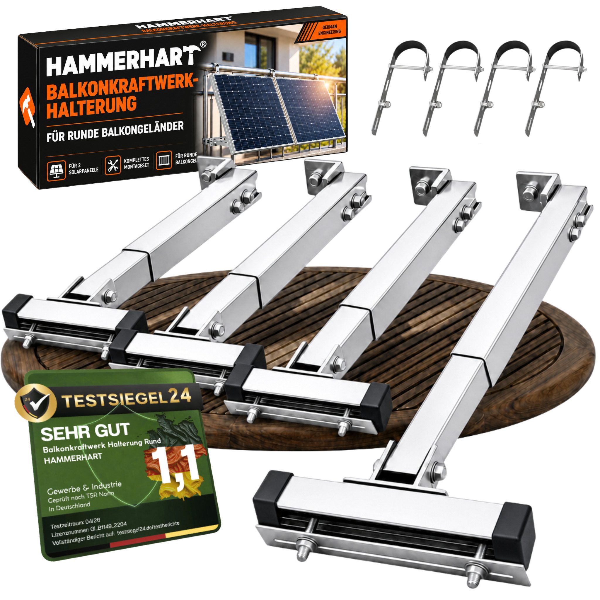 HAMMERHART Solarmodul-Halterung 4x Balkonkraftwerk Halterung RUND, Verstellbar 0°–30° Extra Robust, (Solarmodulhalterung für runde Balkongeländer, Balkonkraftwerk Halterung für runde Balkongeländer)