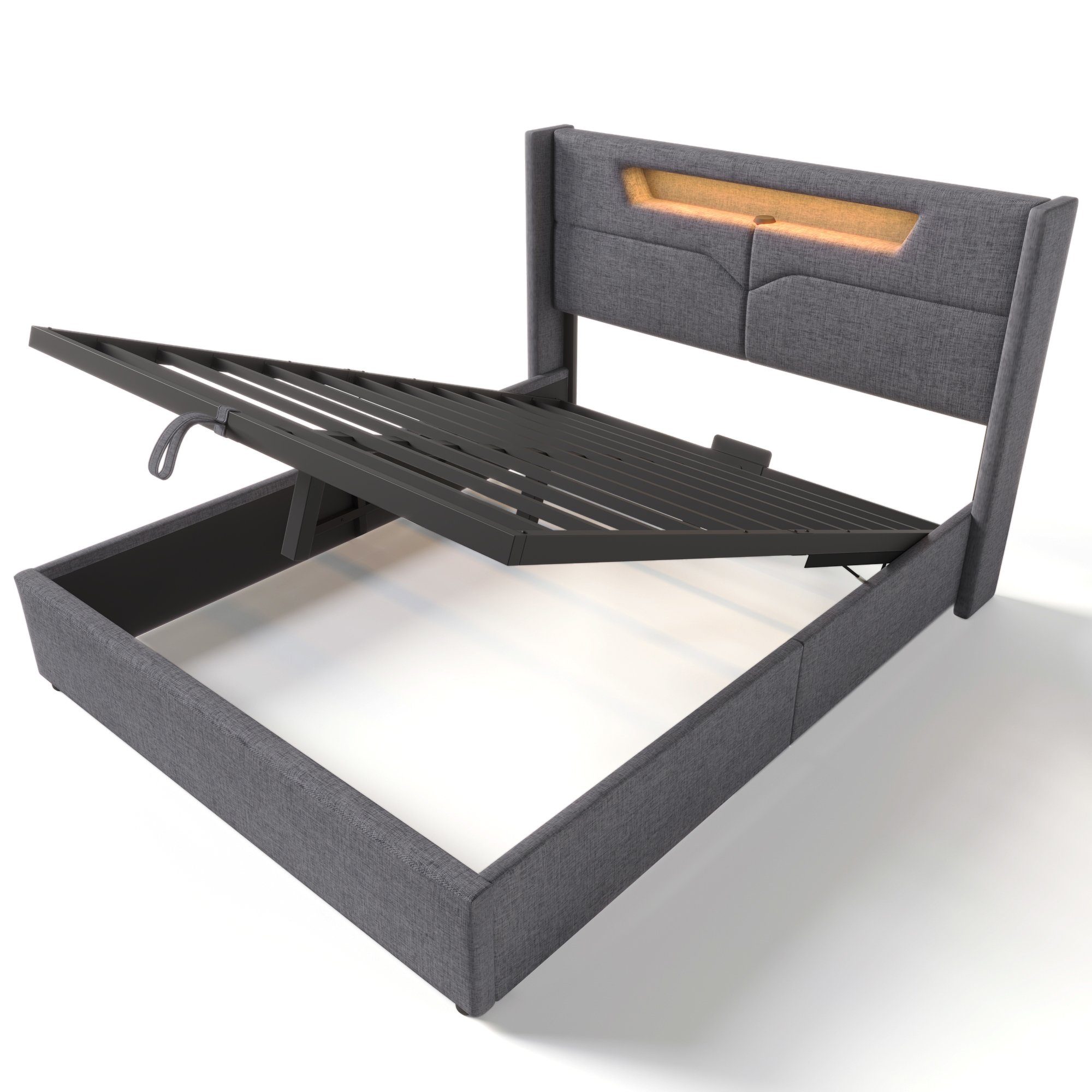 Polsterbett (Hydraulisches Bett mit Lattenrost und LED-Beleuchtung), Stauraumbett mit USB Typ C Ladefunktion Kopfteil, Leinen, 140x200cm