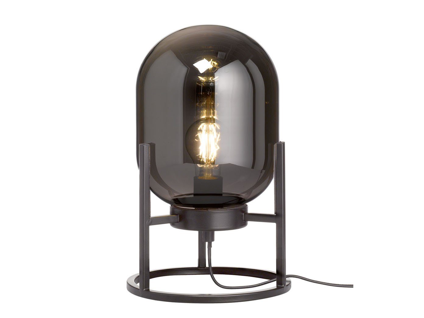 meineWunschleuchte LED Nachttischlampe, & Lampenschirm 34cm Kugel Vintage oval wechselbar, Metallfuß Rauchglas Warmweiß, Industrial Dimmfunktion, LED