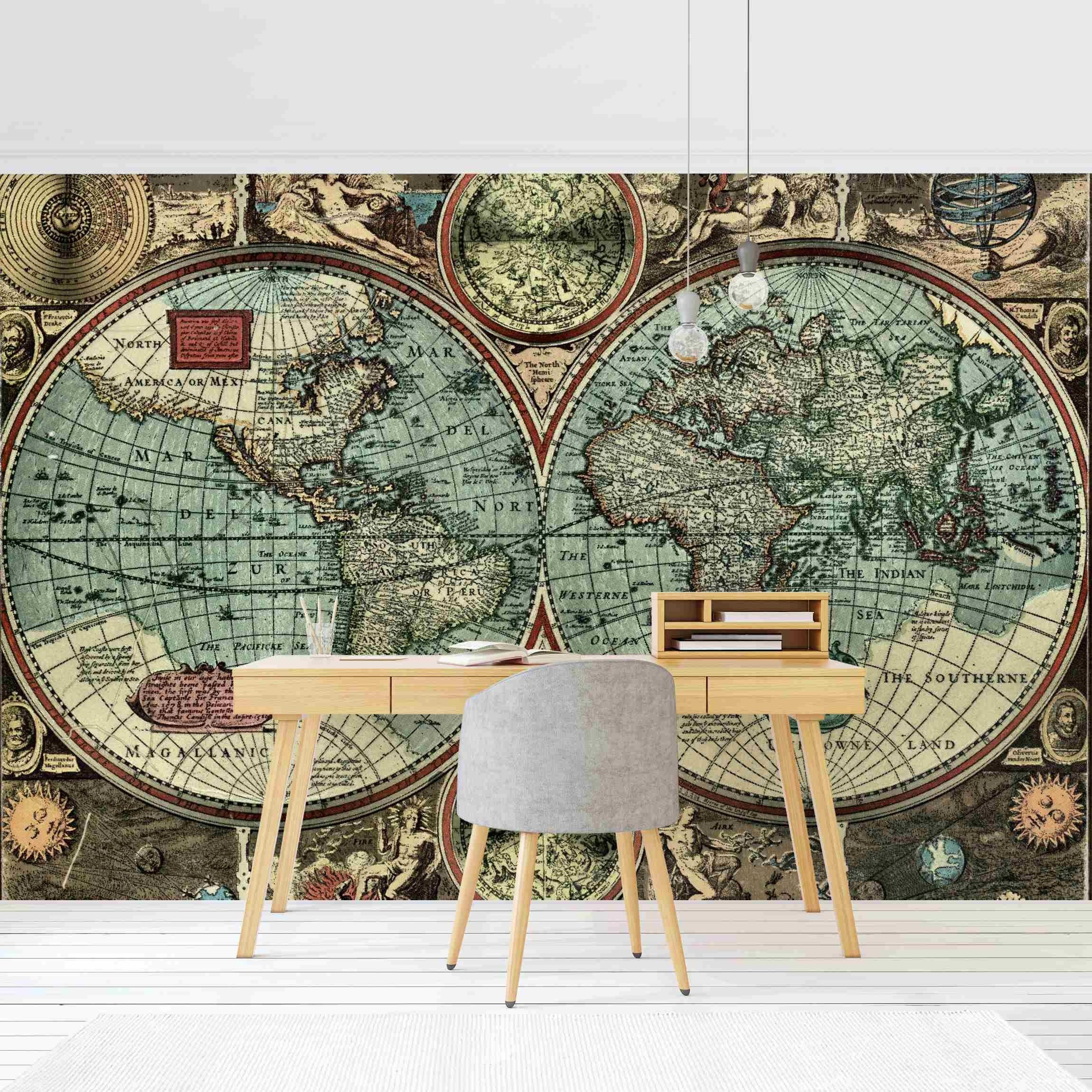 Bilderdepot24 Fototapete Weltkarte Die alte Welt Vintage Rustikal Wanddeko XXL, Glatt, Matt, (Vliestapete inkl. Kleister oder selbstklebend), Wohnzimmer Schlafzimmer Küche Flur Motivtapete Vliestapete Wandtapete