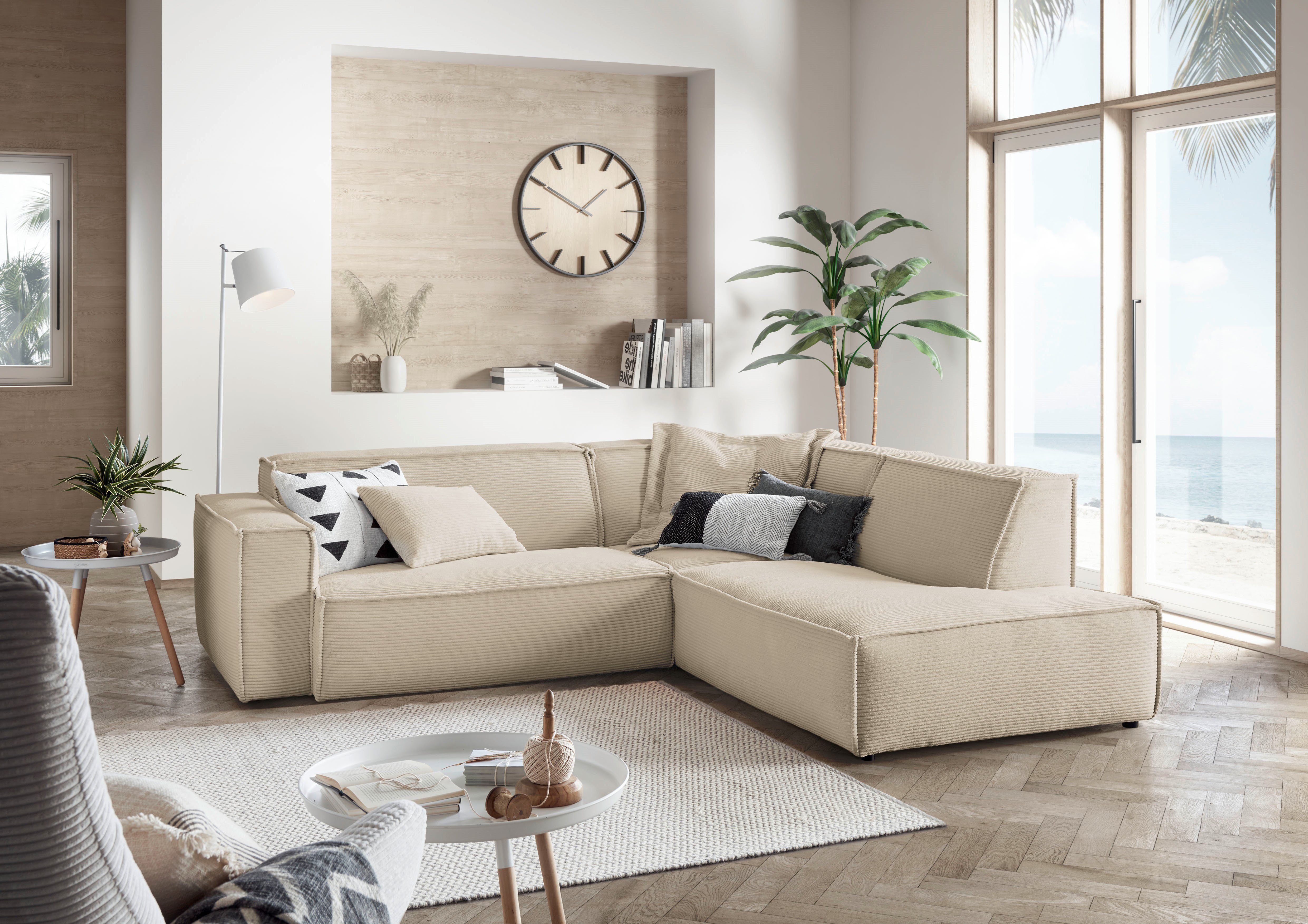 3C Candy Ecksofa Matteo in elegant, kubischer Formensprache, bequem, L-Form, mit auffälliger Kedernaht, Cord-Bezug, Lounge-Charakter
