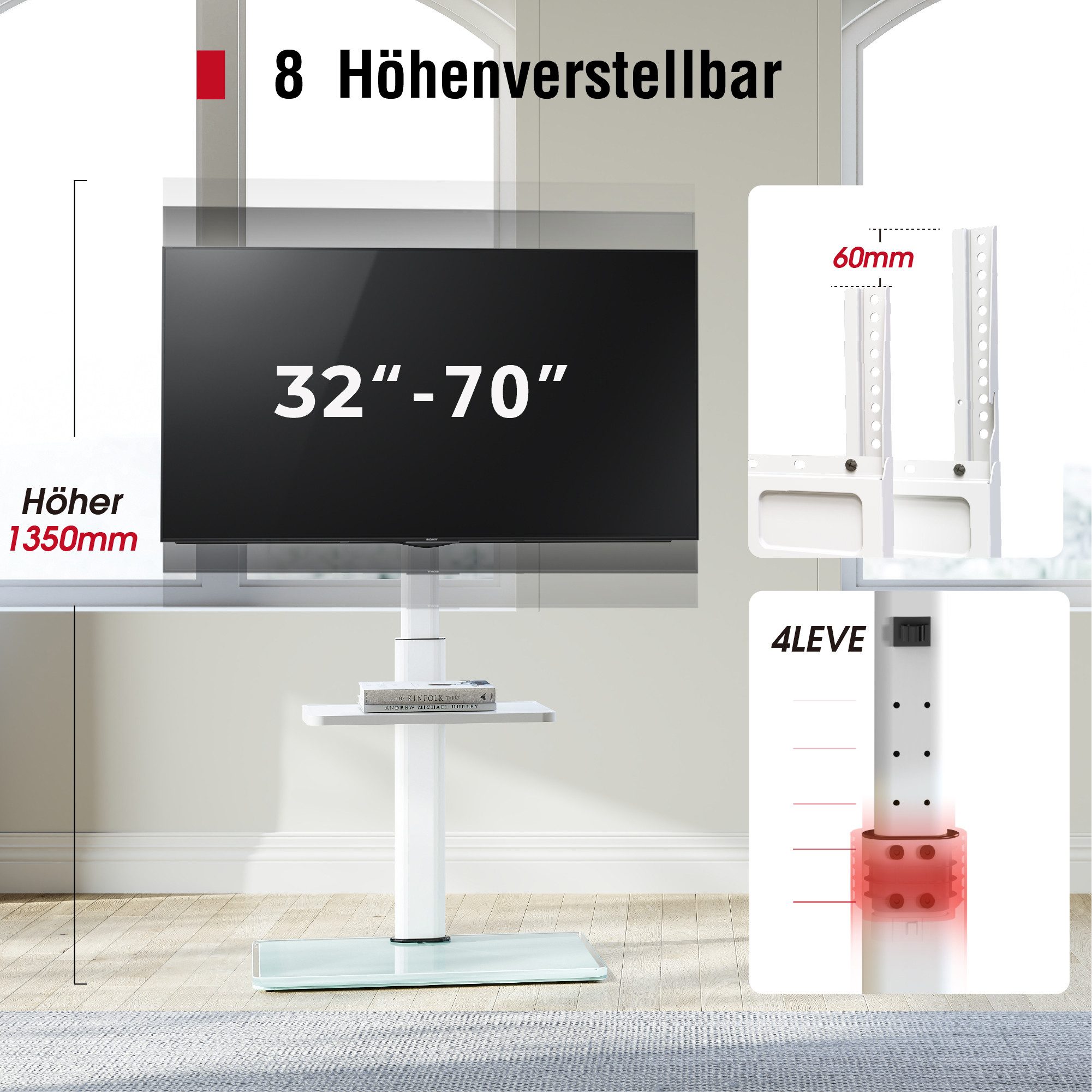 AOKCOS TV-Ständer Fernsehhalterung mit Ablage, 32-70 Zoll, (bis 70 Zoll, Tragfähigkeit bis 40 kg, höhenverstellbar, neigbar: -2° bis +10°, schwenkbar: ±30)
