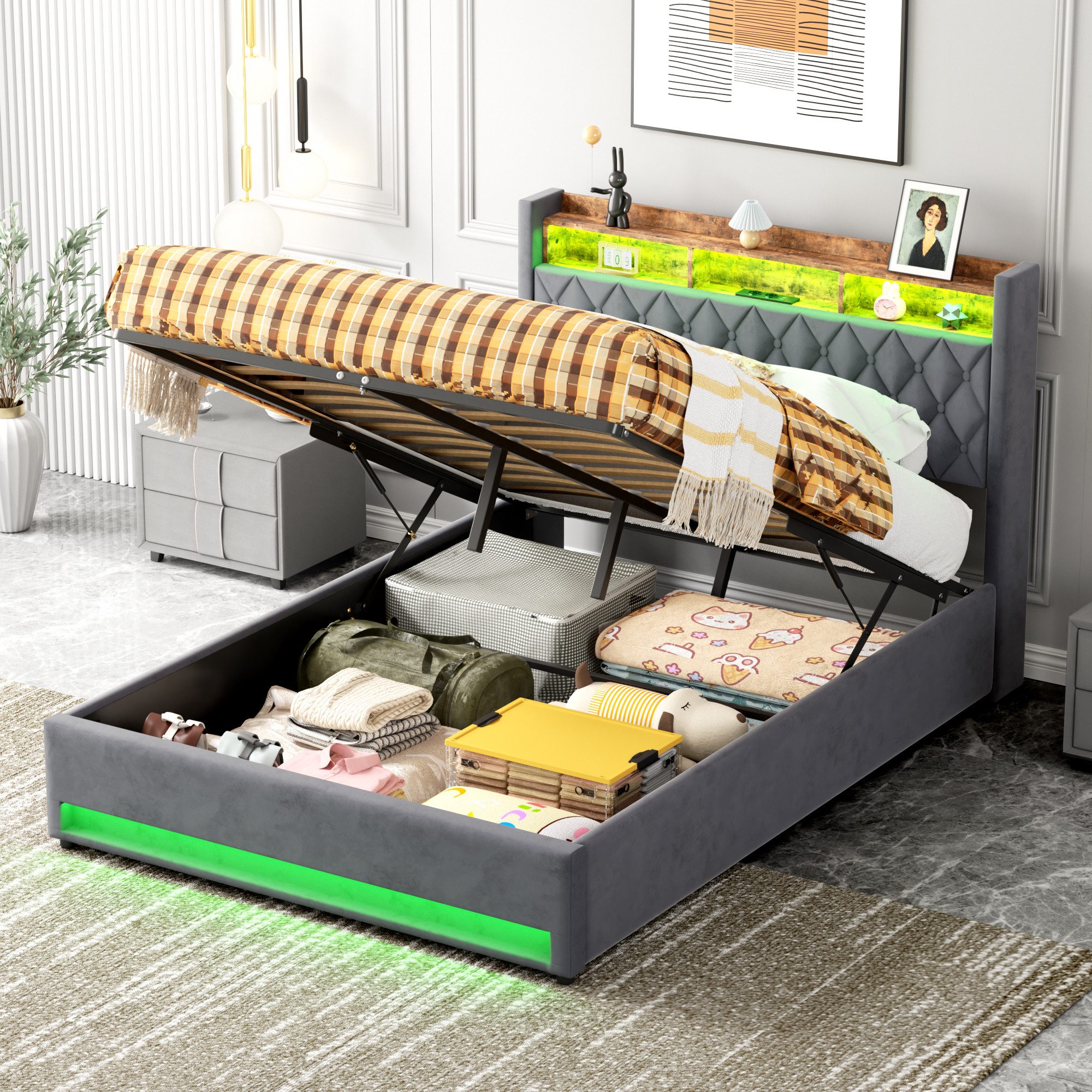 MODFU Polsterbett Funktionsbett Stauraumbett Gästebett (Stilvolles Polsterb günstig online kaufen