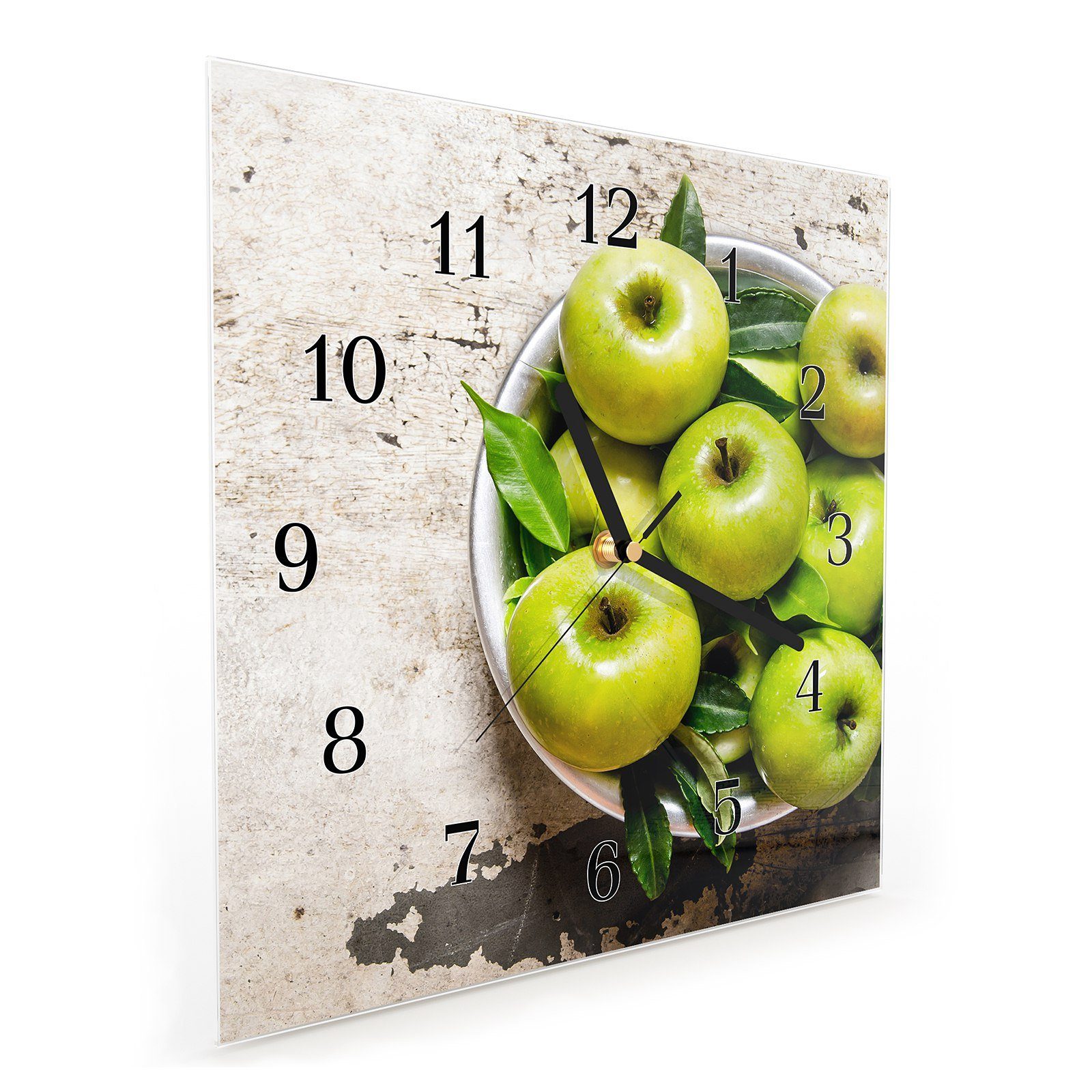 auf Motiv Wanduhr 30 Wandkunst 30 Größe Glasuhr Primedeco Wanduhr cm Äpfel x mit Tisch