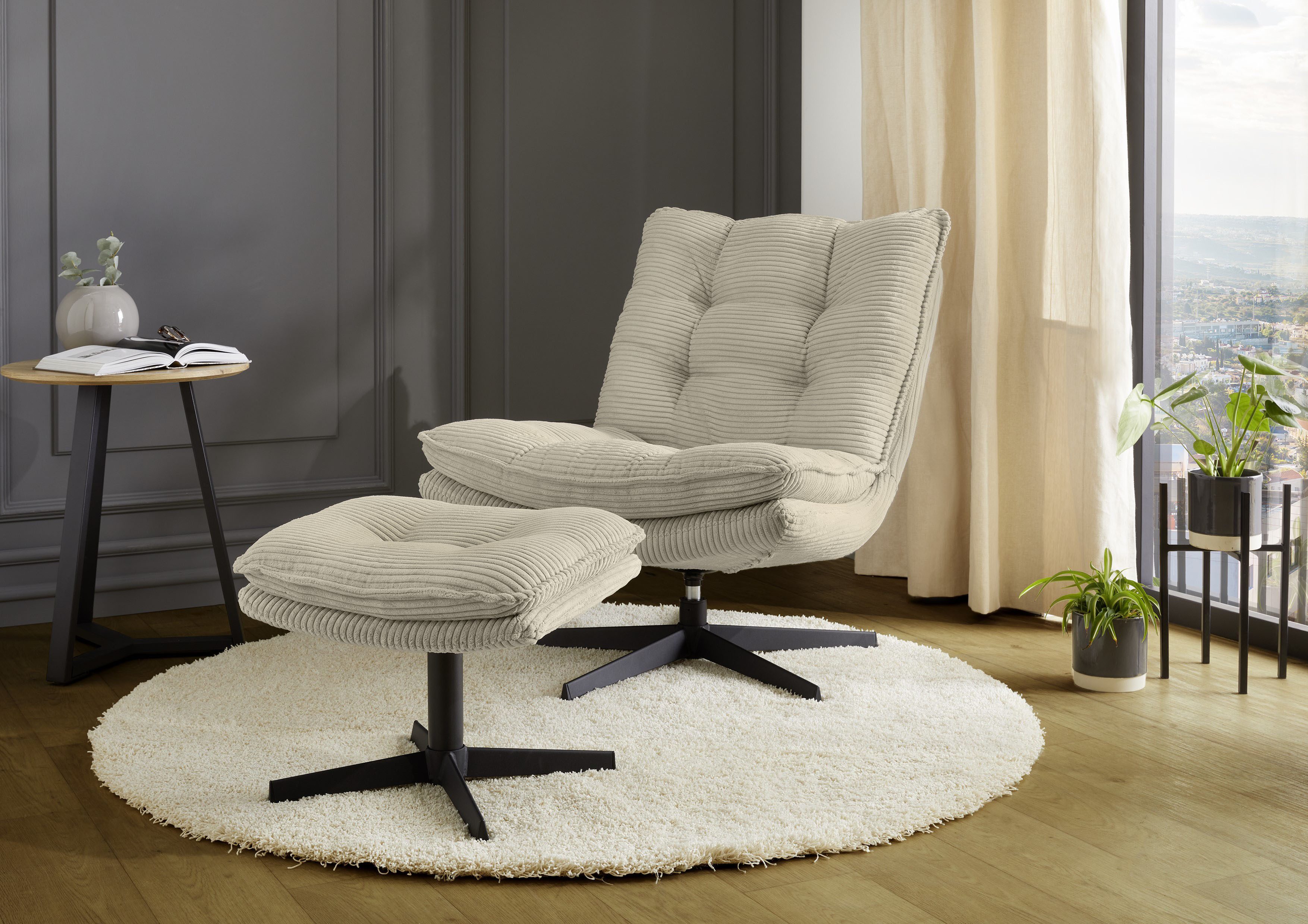 Jockenhöfer Gruppe Relaxsessel Kasper, B: 76 cm, Sitzhöhe: 47 cm, Set: mit Hocker, 360° Drehfunktion, Cord