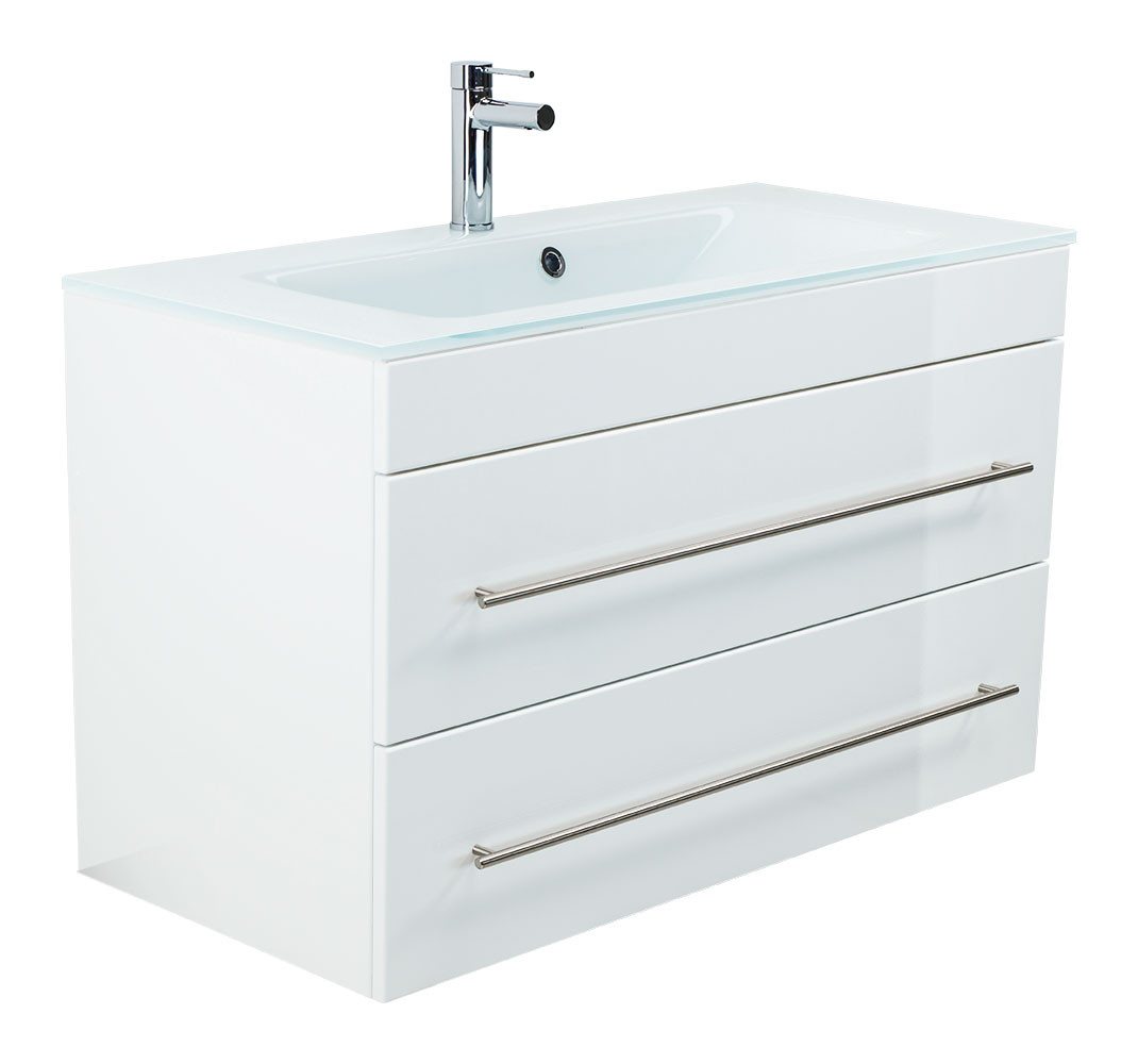 Thumbnail - Magnolia Home Waschtisch Badmöbel Vitro 1000 mit Glaswaschbecken SoftClose weiss hochglanz