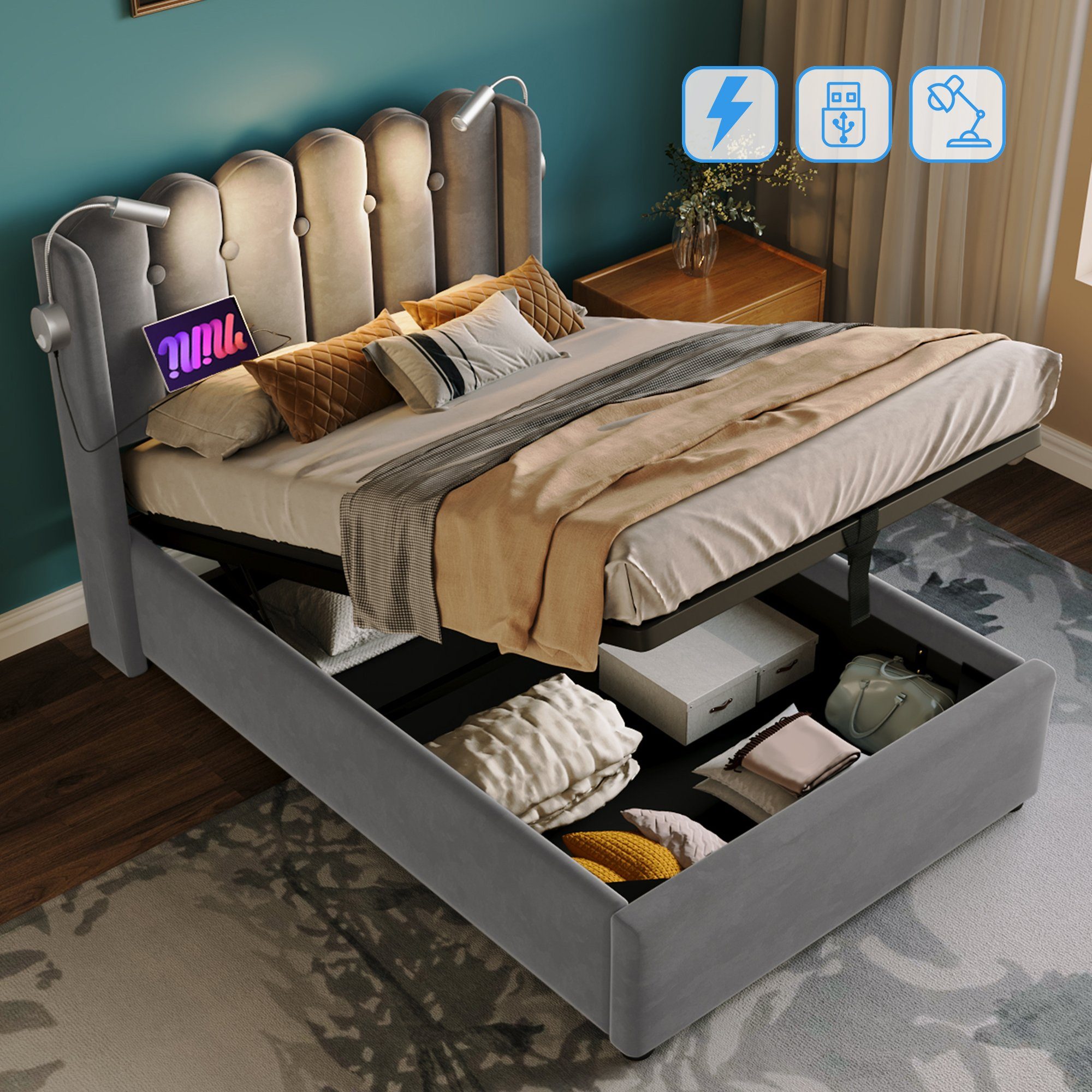 BlingBin Einzelbett Polsterbett (1-tlg., Ladefunktion und Bettkasten, mit Leselicht 90 ×200CM), 2 USB-Ladeanschlüsse, mit lattenrost, Ohne Matratze, Samt Grau