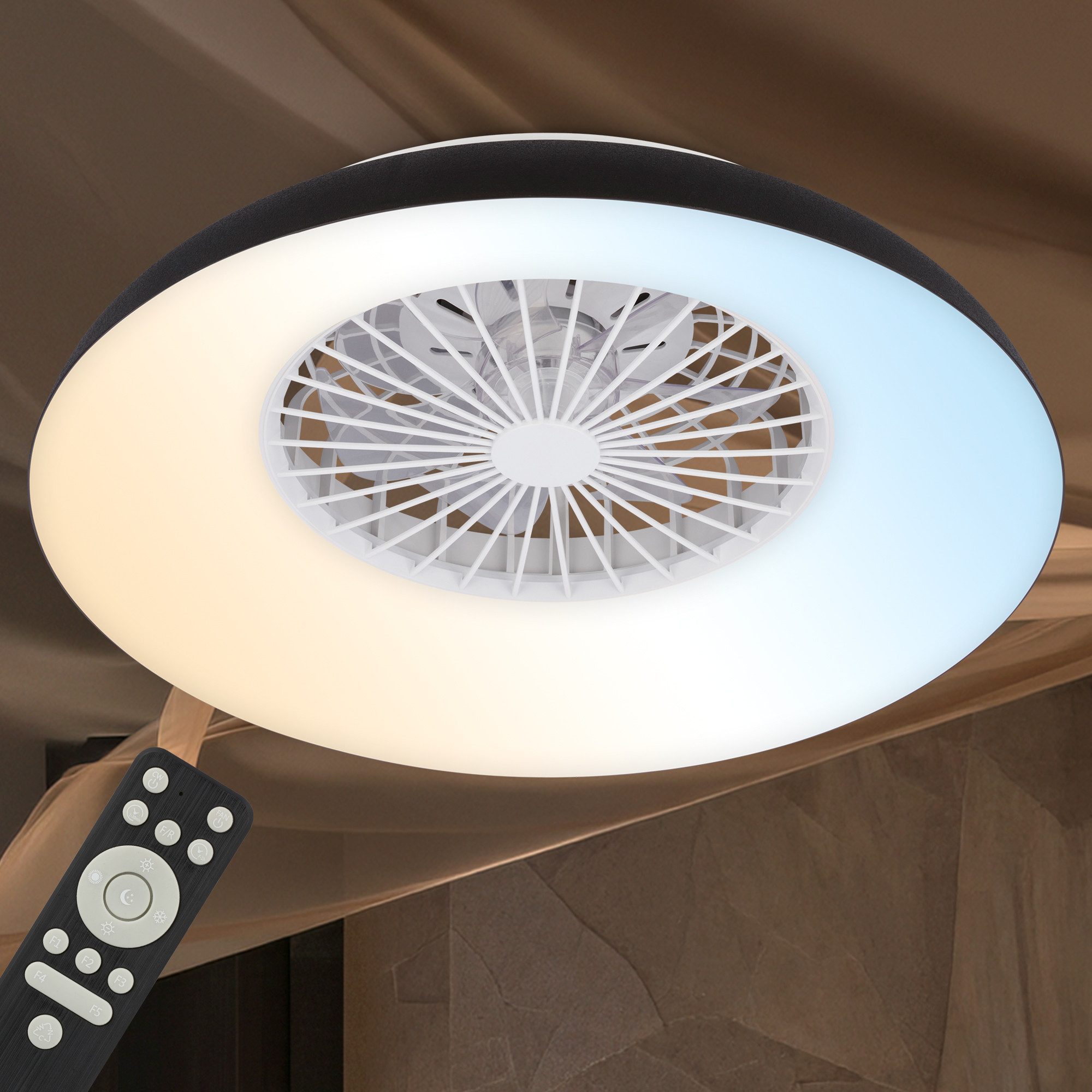 Briloner Leuchten LED Deckenleuchte Deckenventilator mit Licht DC-Motor Fernbedienung Dimmbar, LED fest integriert, CCT Farbtemperatursteuerung - Warm-/Neutral-/Kaltweiß, 60 x 19 cm (DxH), Schlafzimmer, Wohnzimmer, Esszimmer, Flur, Küche