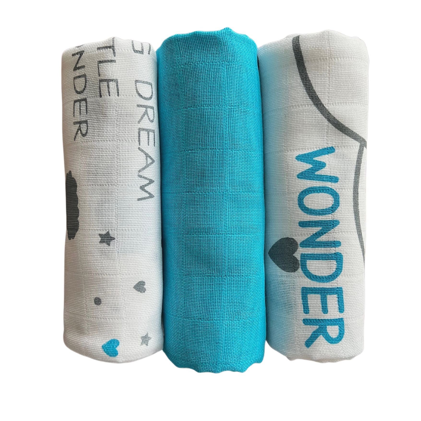 3er Hohe Mullwindeln Baby (3-tlg), EU, Baumwolle Pack Made in Babymajawelt aqua, "Wonder" Saugfähig, Qualität, cm Reine 70x70 Spucktuch