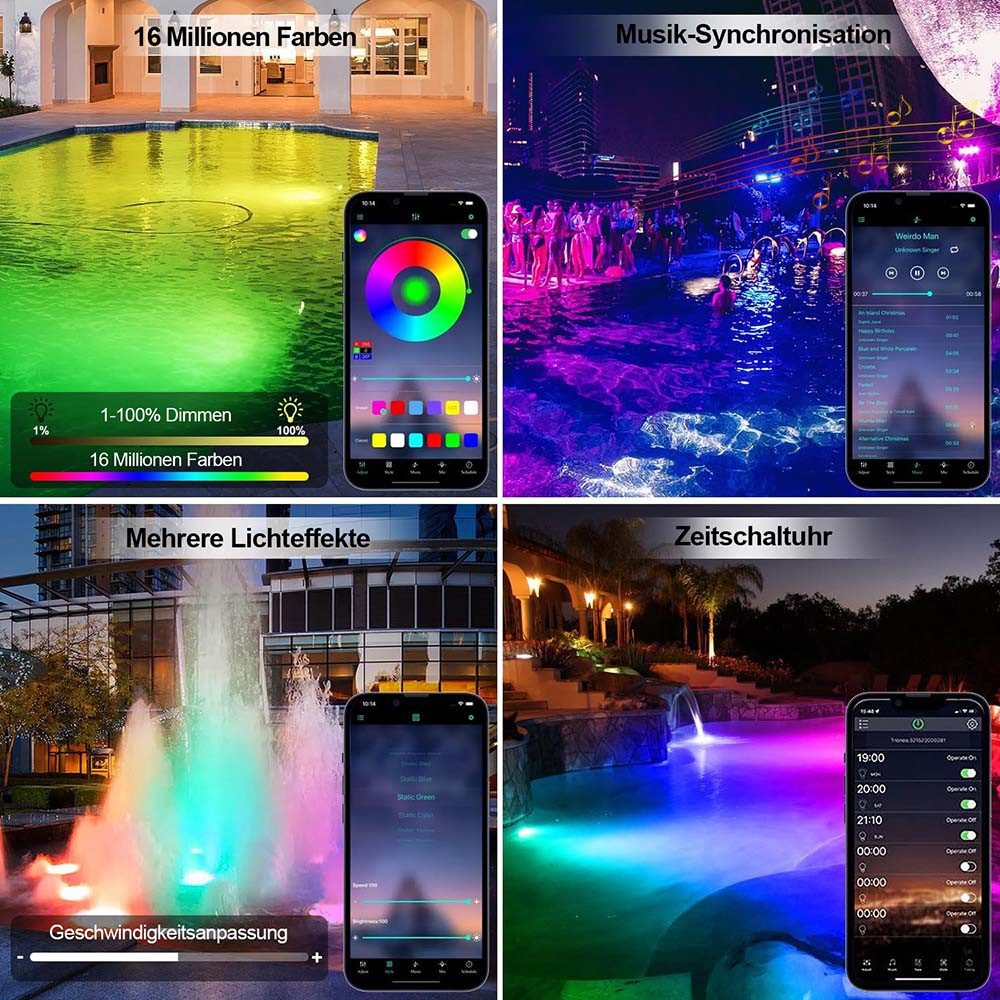 Jibenhome Pool-Lampe LED Poolbeleuchtung, Wasserdicht RGB Unterwasserbeleuchtung, mit EU-Stecker, LED fest integriert, Magnetische Dimmbar, mit 8.8 m langem Kabel