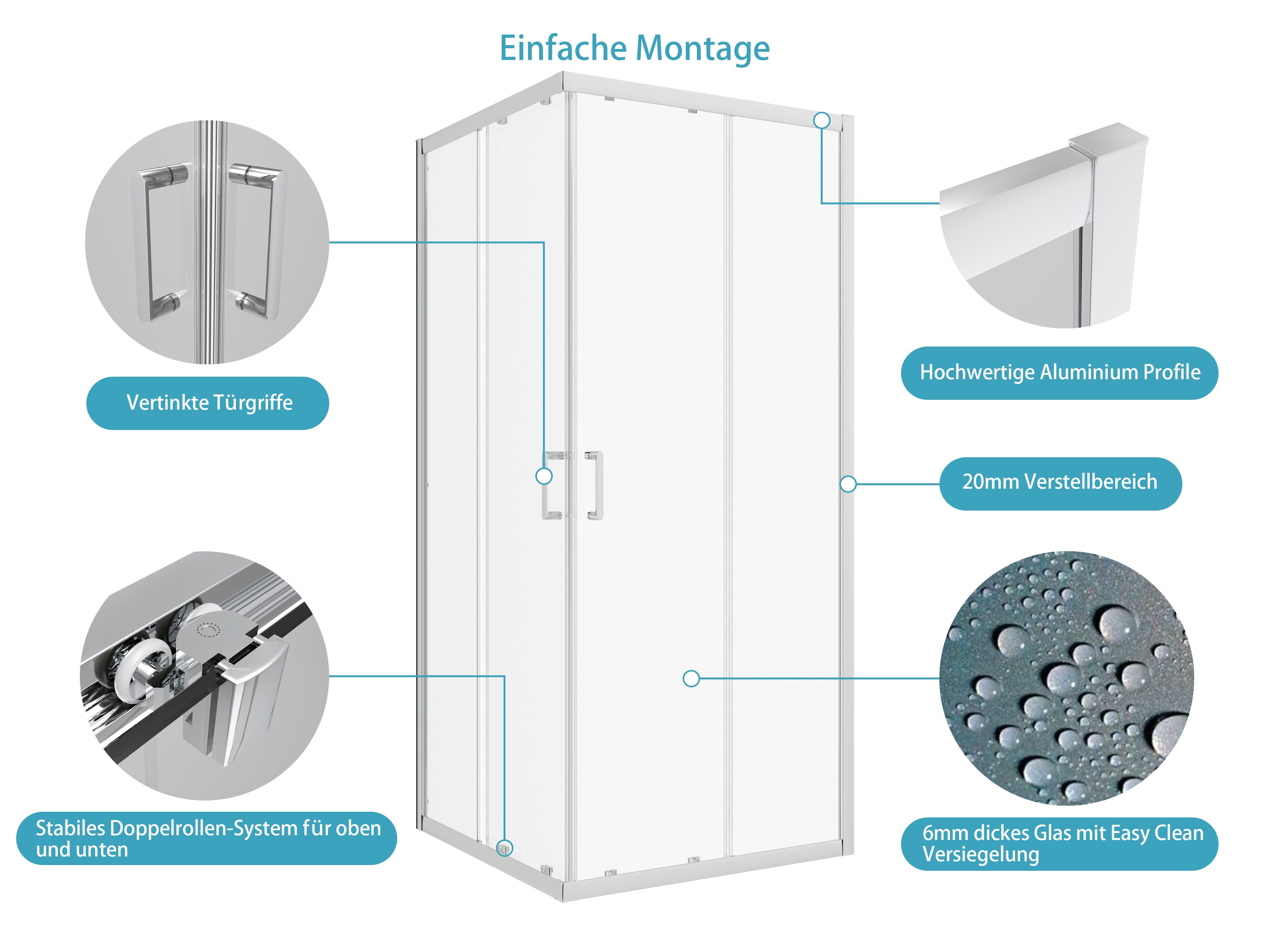 welltime Eckdusche New Trento, BxT: 70x70 cm, Einscheibensicherheitsglas, Extrahohe 195cm, 6mm ESG, verbessertes Rollensystem