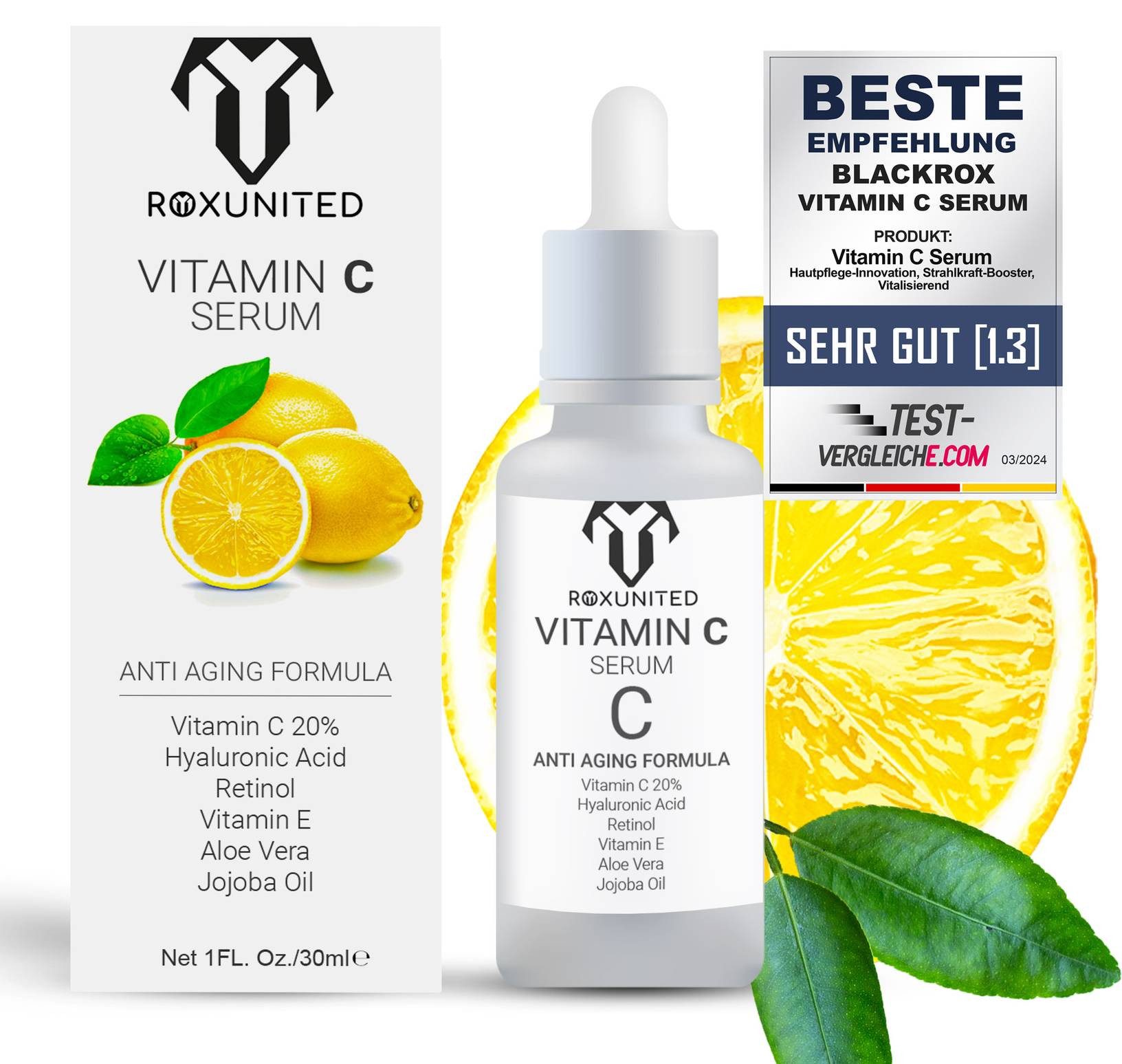 ROXUNITED Gesichtsserum [Vergleichssieger 2024] Vitamin C, Anti-Aging, 30ml