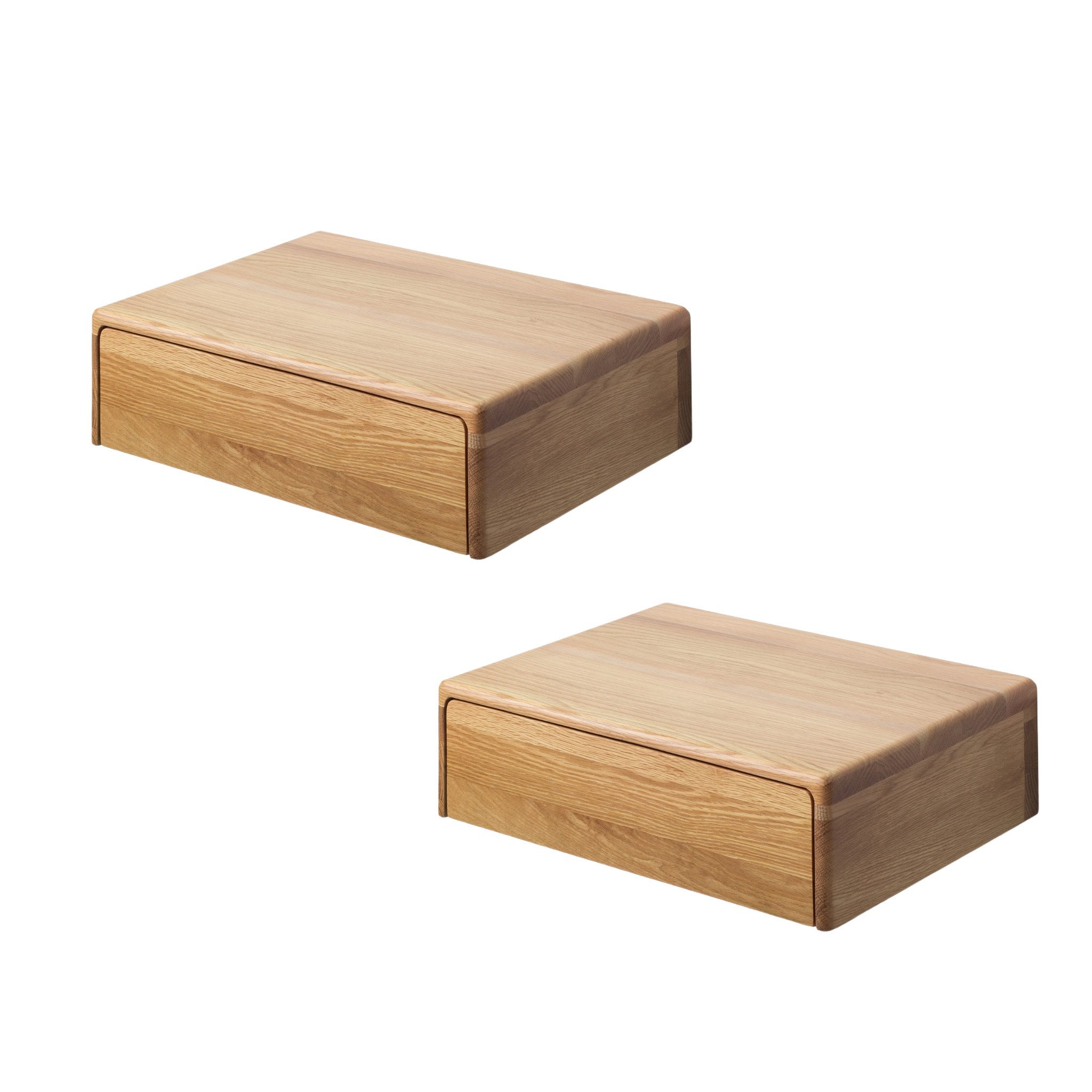 Woodek Design Nachttisch 2er-Set Wand-Nachttisch Frank aus massiver Eiche – seidenmatt lackiert (Schublade mit Metallschienen, 1-St., hängende und moderne Nachttischkonsole), matt lackiert