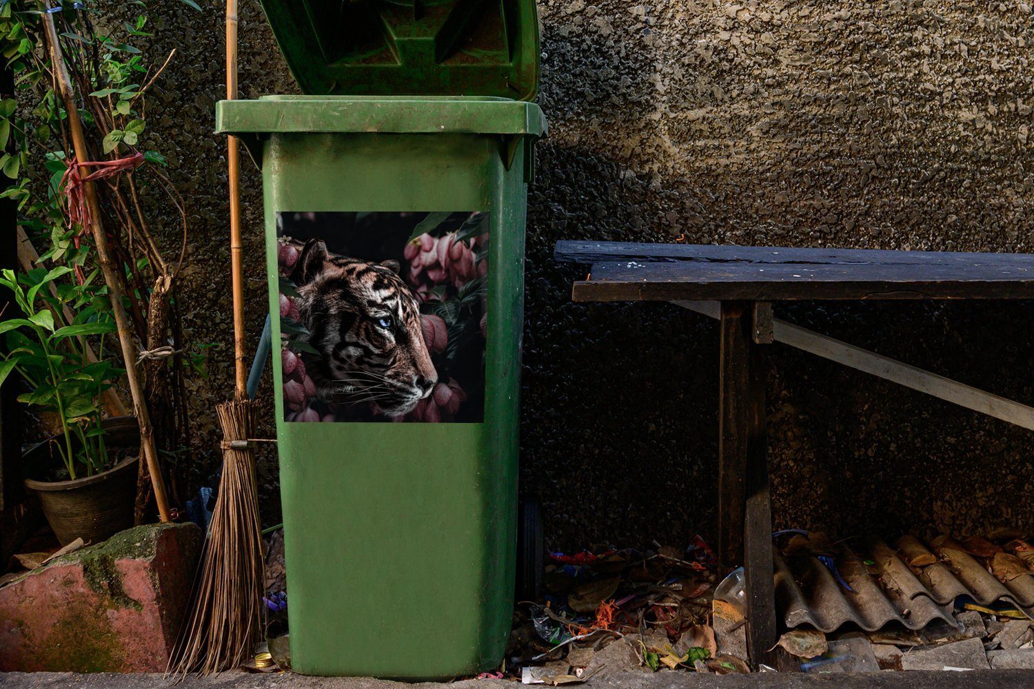Blumen Wandsticker Sticker, Mülleimer-aufkleber, - Abfalbehälter MuchoWow - St), (1 Tiger Pflanze Mülltonne, Container,