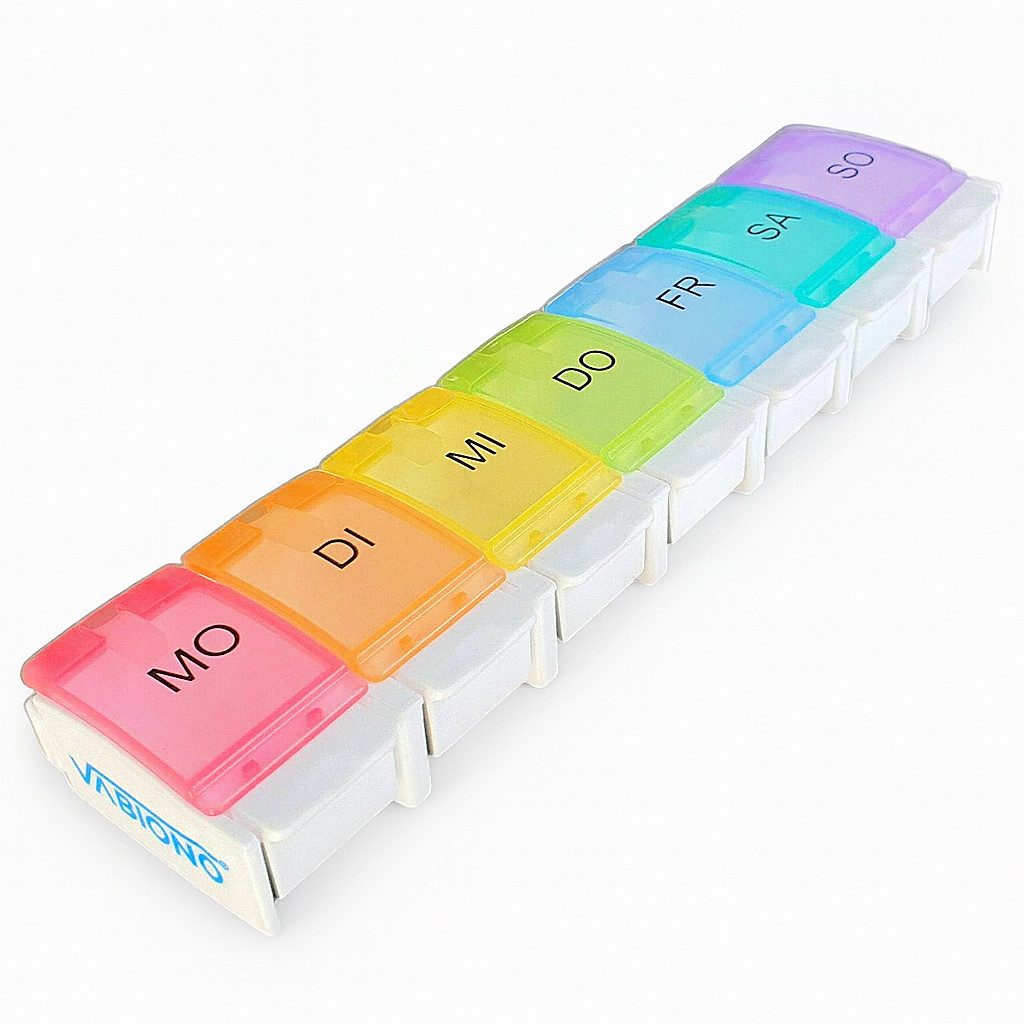 VABIONO Pillendose Tablettenbox Medikamentenbox Pillenbox Wochendosierer DESIGN (Dosierbox, 1 St., Medikamentenbox), verschiedene Farben für jeden Wochentag