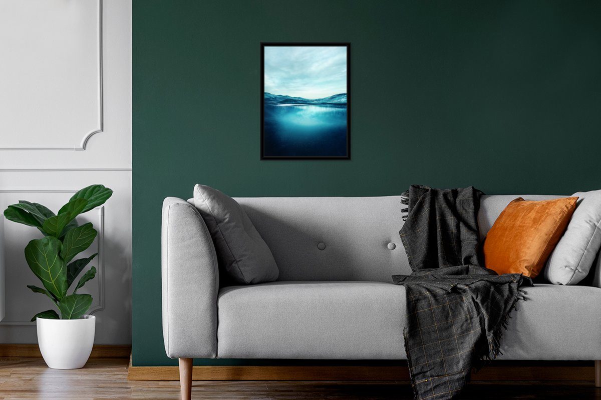 Kunstdruck, MuchoWow (1 Ozean Rahmen, Bilderrahmen Blau, Poster St), - Schwarzem Poster, - mit Wasser Gerahmtes
