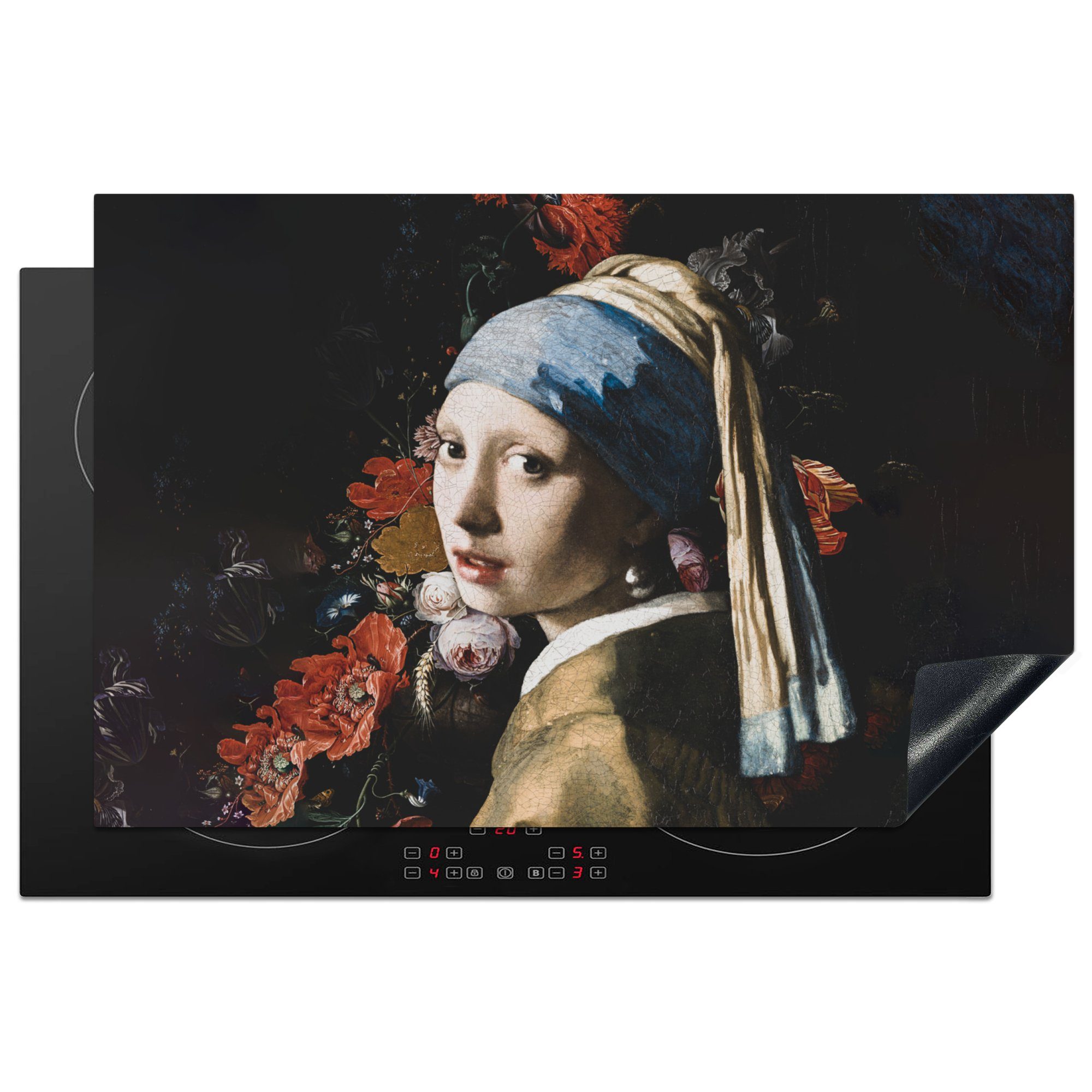 (1 cm, Das - Ceranfeldabdeckung Mädchen dem Vermeer Herdblende-/Abdeckplatte Schutz mit Perlenohrring Induktionskochfeld - für tlg), Blumen, MuchoWow 81x52 küche, Vinyl, die