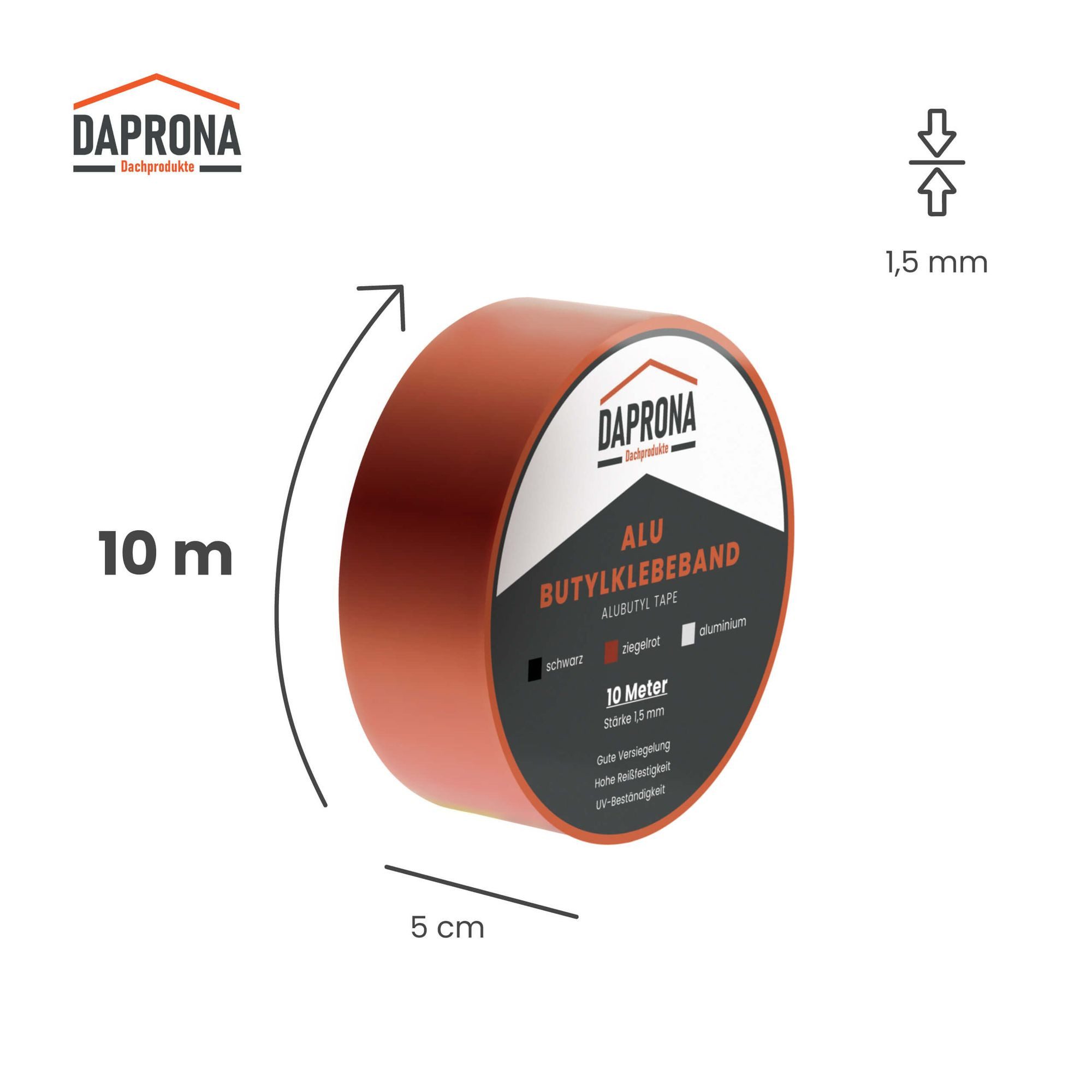 DAPRONA Dichtband (Butylband, Panzertape 10m x 50mm, 1 Stück Ziegelrot Dichtungsband Alu, 1-St) Reparaturband, Dichtband Fenster Dachrinne, wasserfest, hitzebeständig