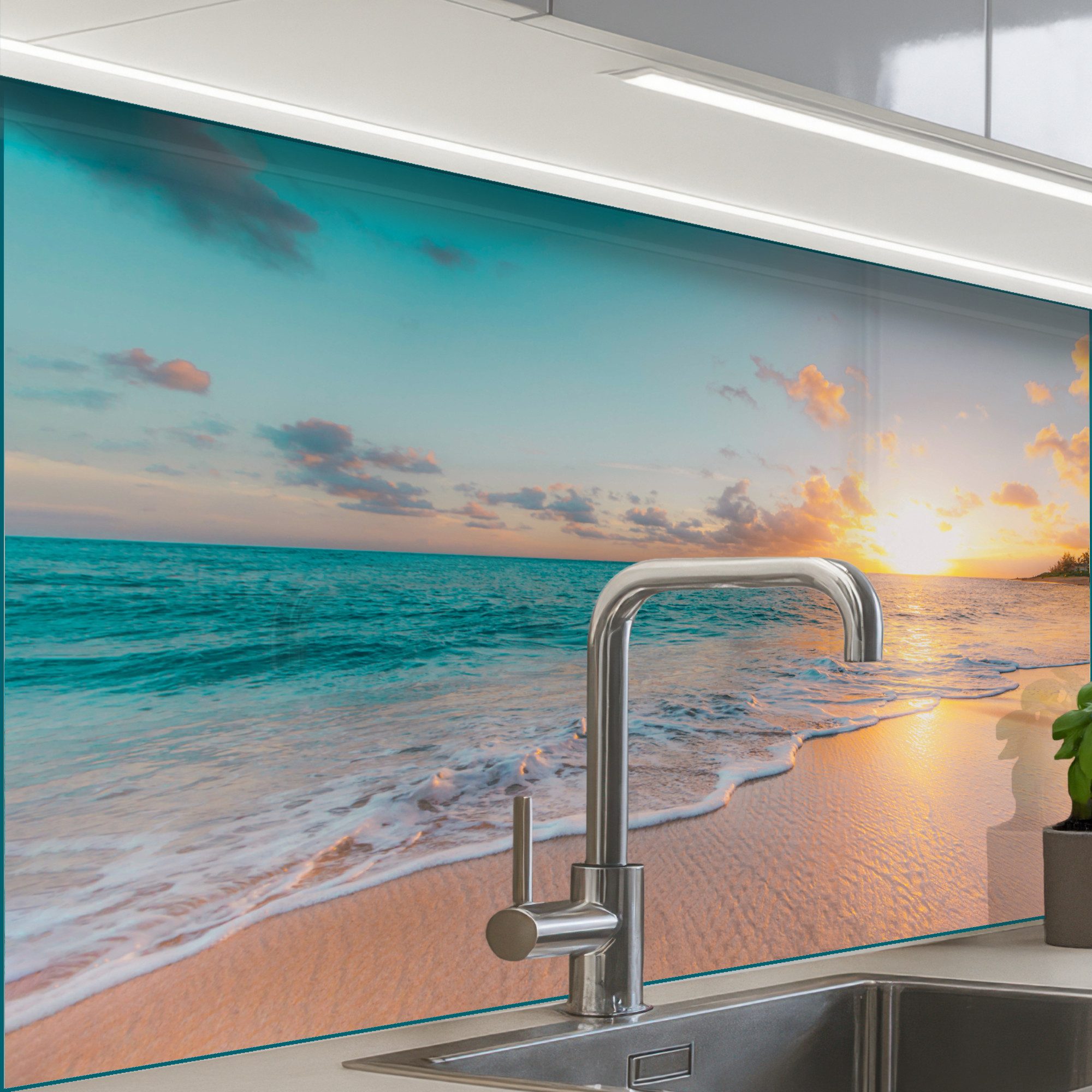 KitchenYeah Küchenrückwand selbstklebend Sonnenuntergang - Strand - Meer - günstig online kaufen