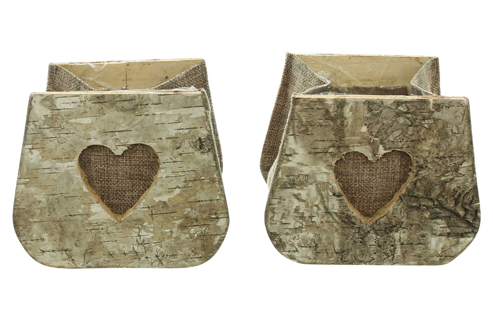Dekoleidenschaft Blumentopf "Herz" Pflanztasche aus Birke & Stoff, Pflanzgefäße, Holz Pflanztopf (im Set)