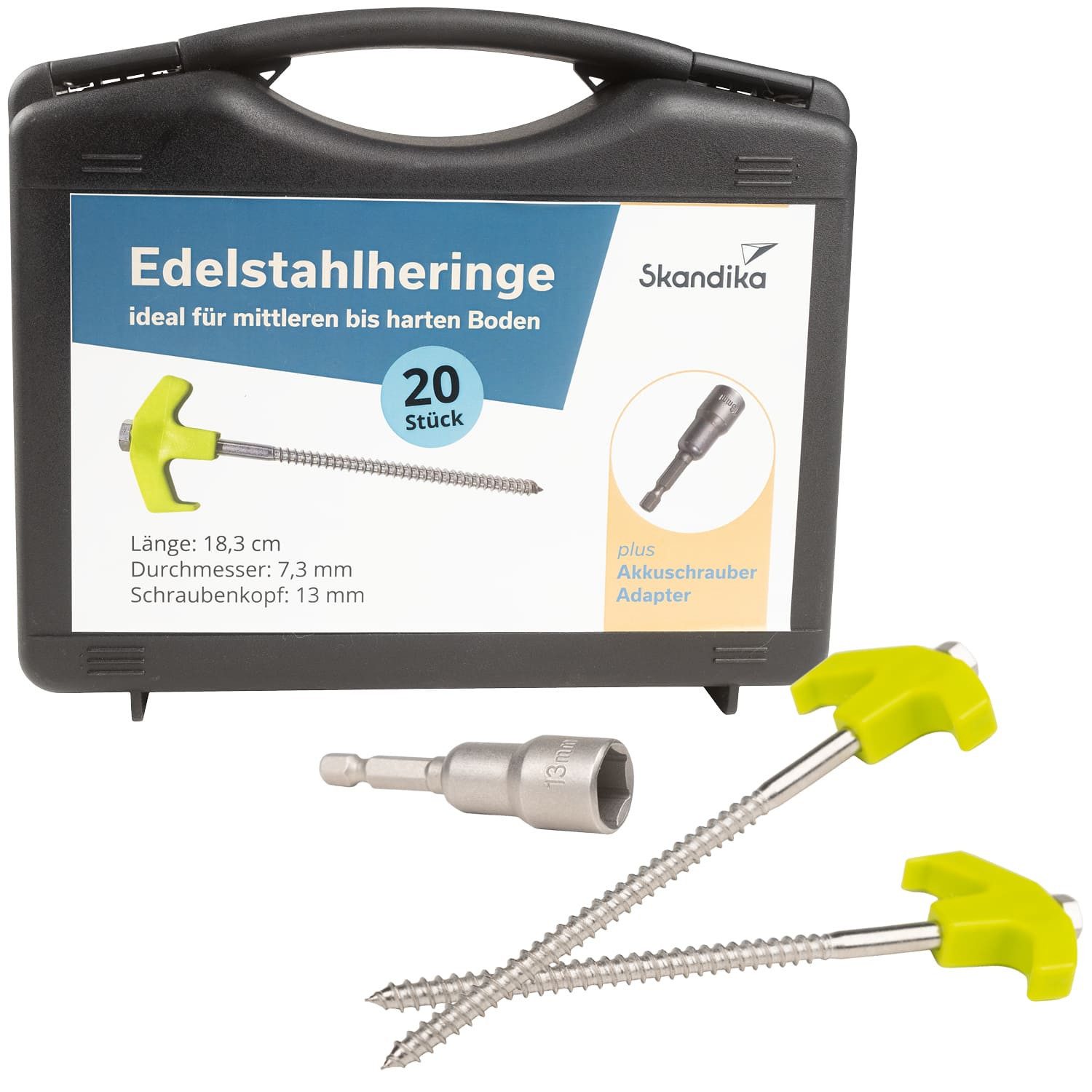 Skandika Zelthering, 20x Zelt-Heringe aus EDELSTAHL, stabile Heringe mit Gewinde, Sturmsicher, Adapter für Akkuschrauber