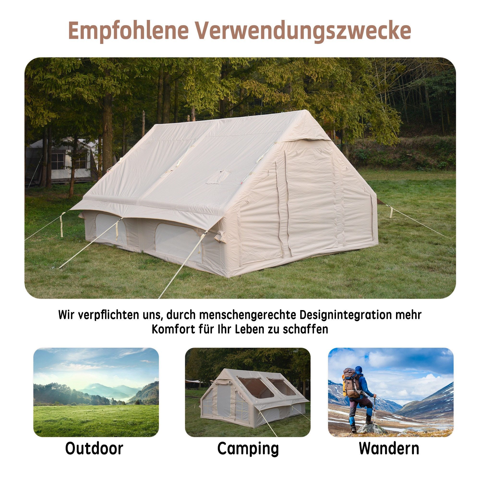 LVHOM aufblasbares Zelt 300x400x200cm(LxBxH) Steildach, 2 Türen, 6 Fenstern, Rauchabzug, Personen: 8 (Design mit Aufblasbare Luftbalken, Insektenschutz, Innen-Taschen, reflektierende Elemente, Zubehöre mit Handpumpe, 1 Tragetasche, 20 Heringe, 8 Verstärkungsleinen, Ihr mobiles Outdoor-Wohnzimmer), Sonnenschutz UPF50+/wasserdicht/schneedicht/winddicht/5 Min. aufgebaut